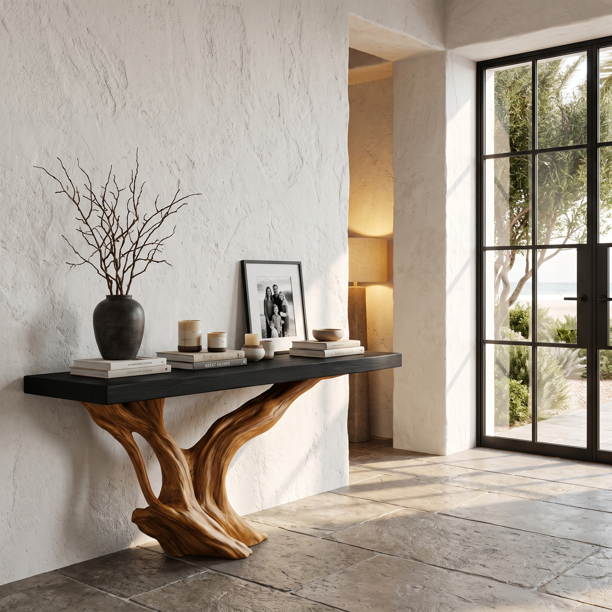 Organic Wall Mounted Console Table With Sculptural Wood Base For Hallway