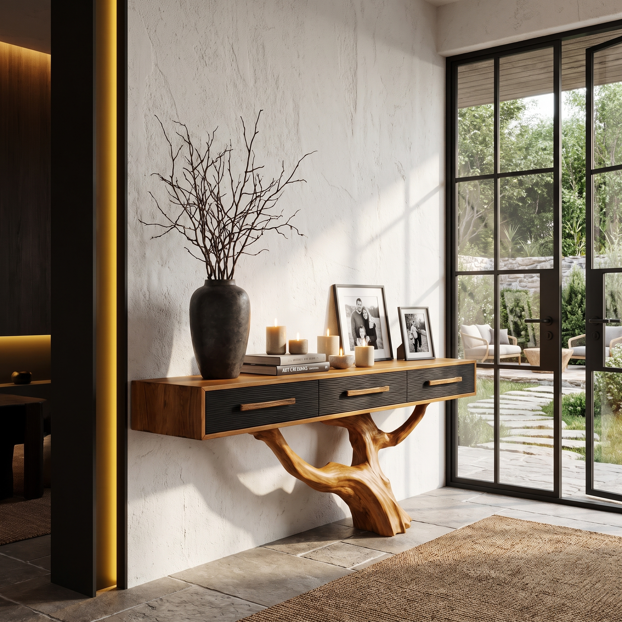Statement Console Table With Nature Inspired Tree Base For Living Room