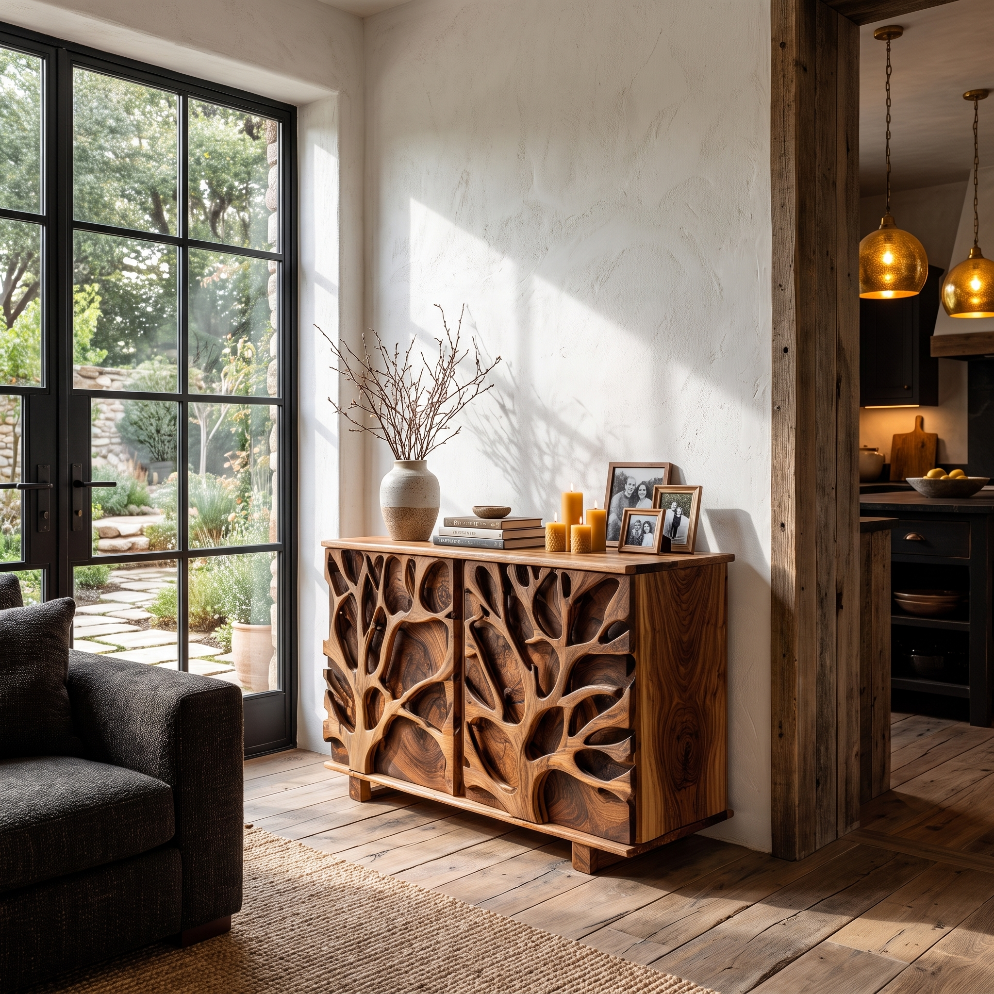 Nature Inspired Storage Cabinet With Hand Carved Wood Design For Entryway