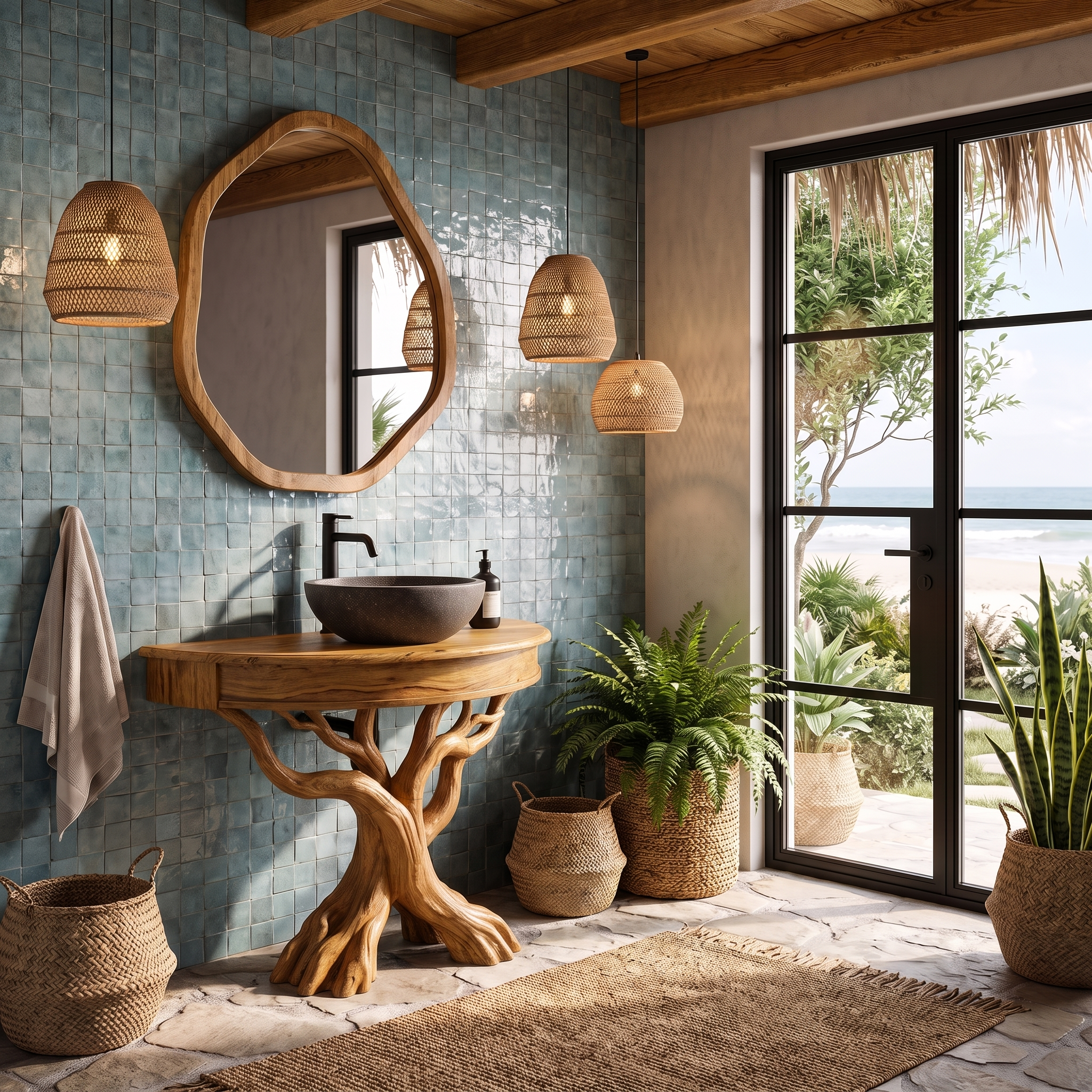 Tree Bathroom Vanity With Floating Countertop And Display Shelves For Bathroom