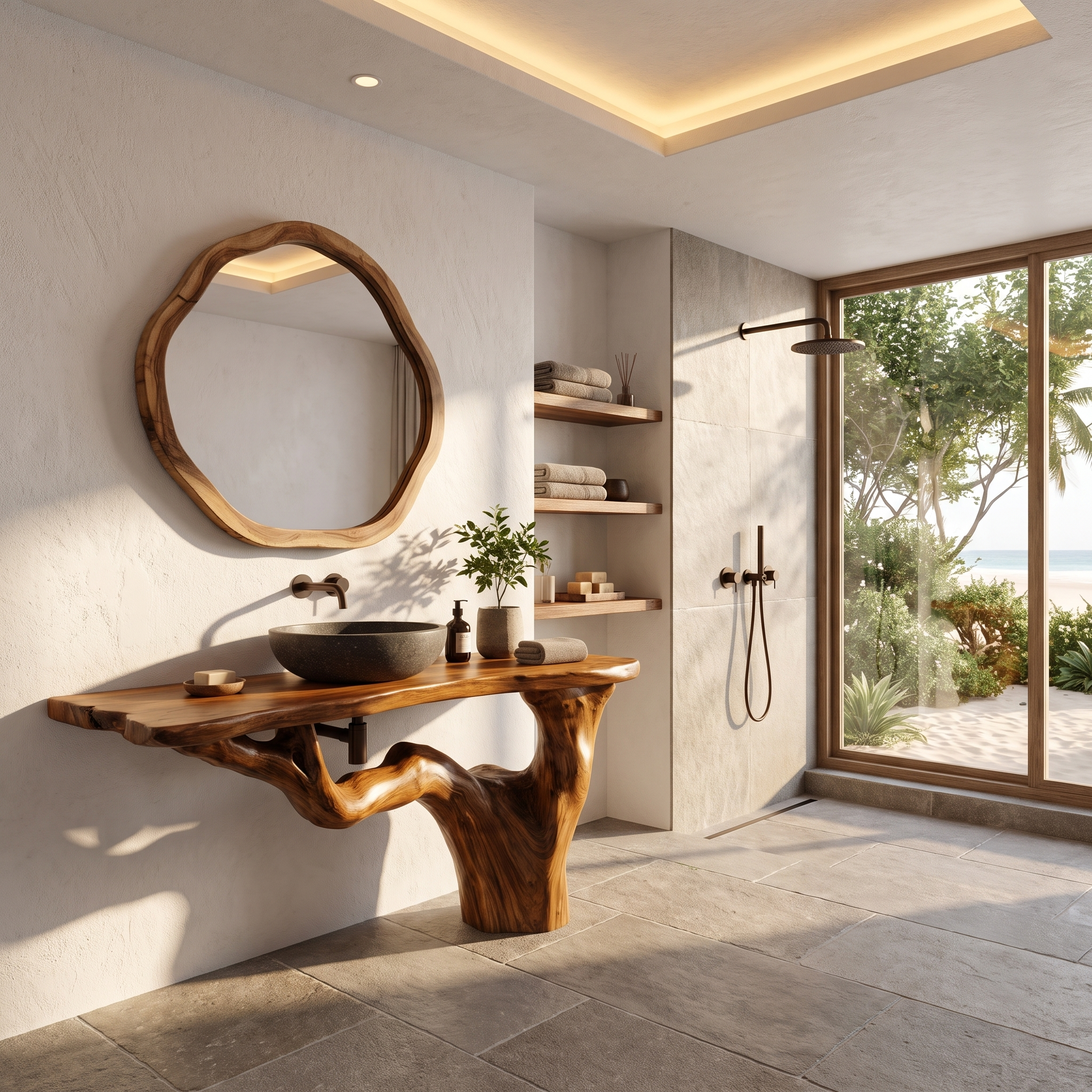 Handcrafted Bathroom Vanity With Tree Trunk Design For Powder Room