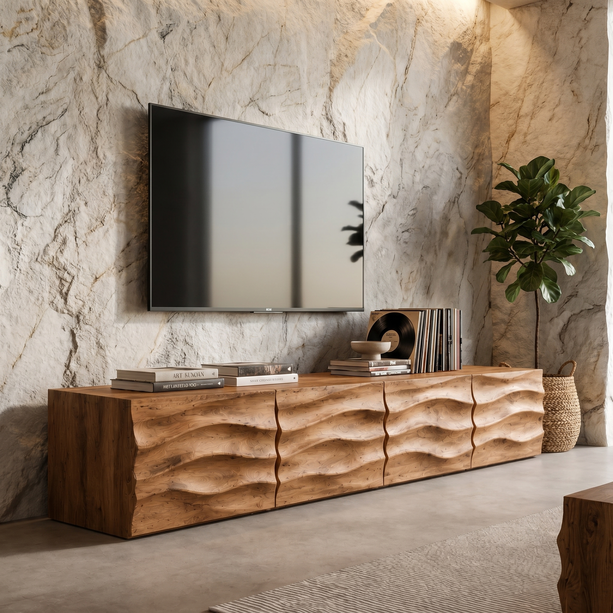 Organic TV Cabinet With Wave Front Doors And Built In Storage For Living Room