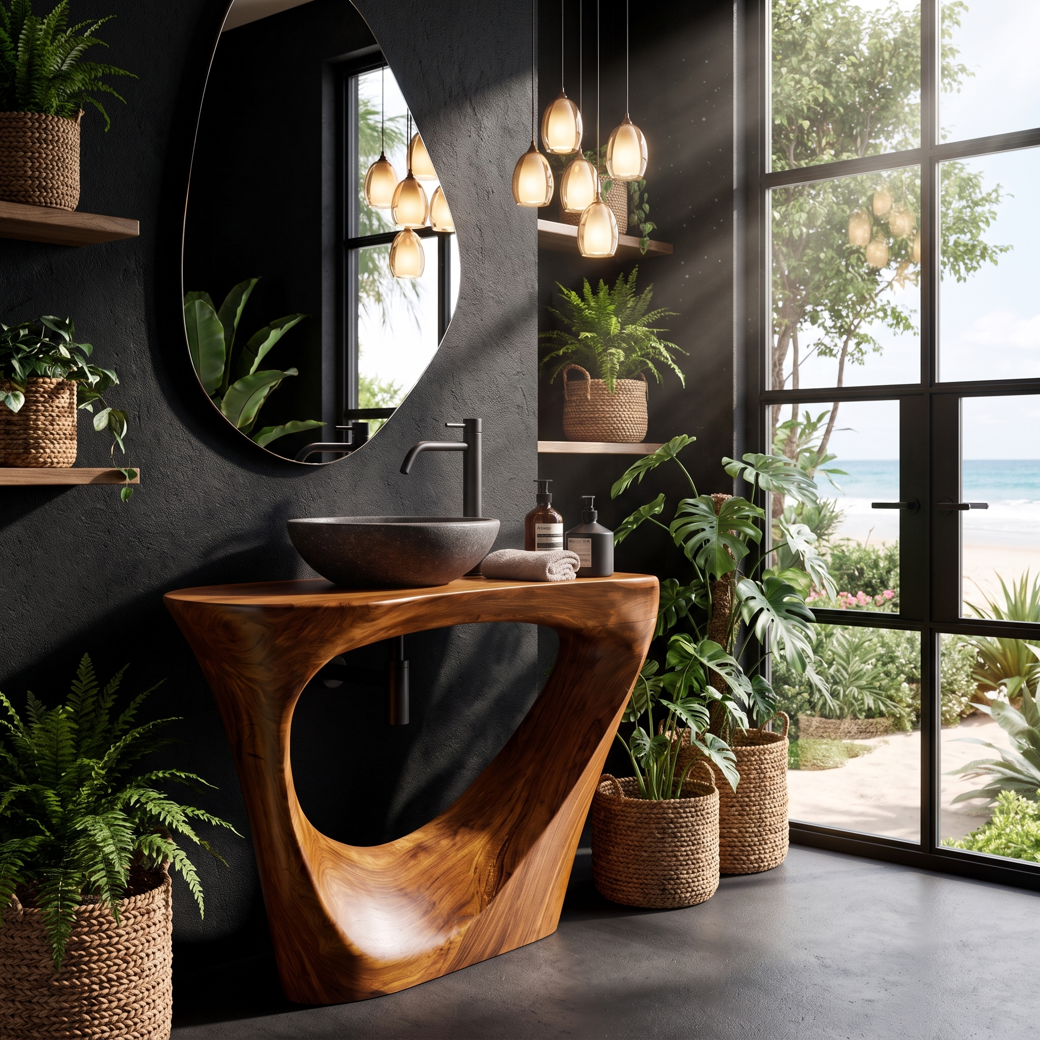 Live Edge Floating Bathroom Vanity With Sculptural Tree Support For Bathroom