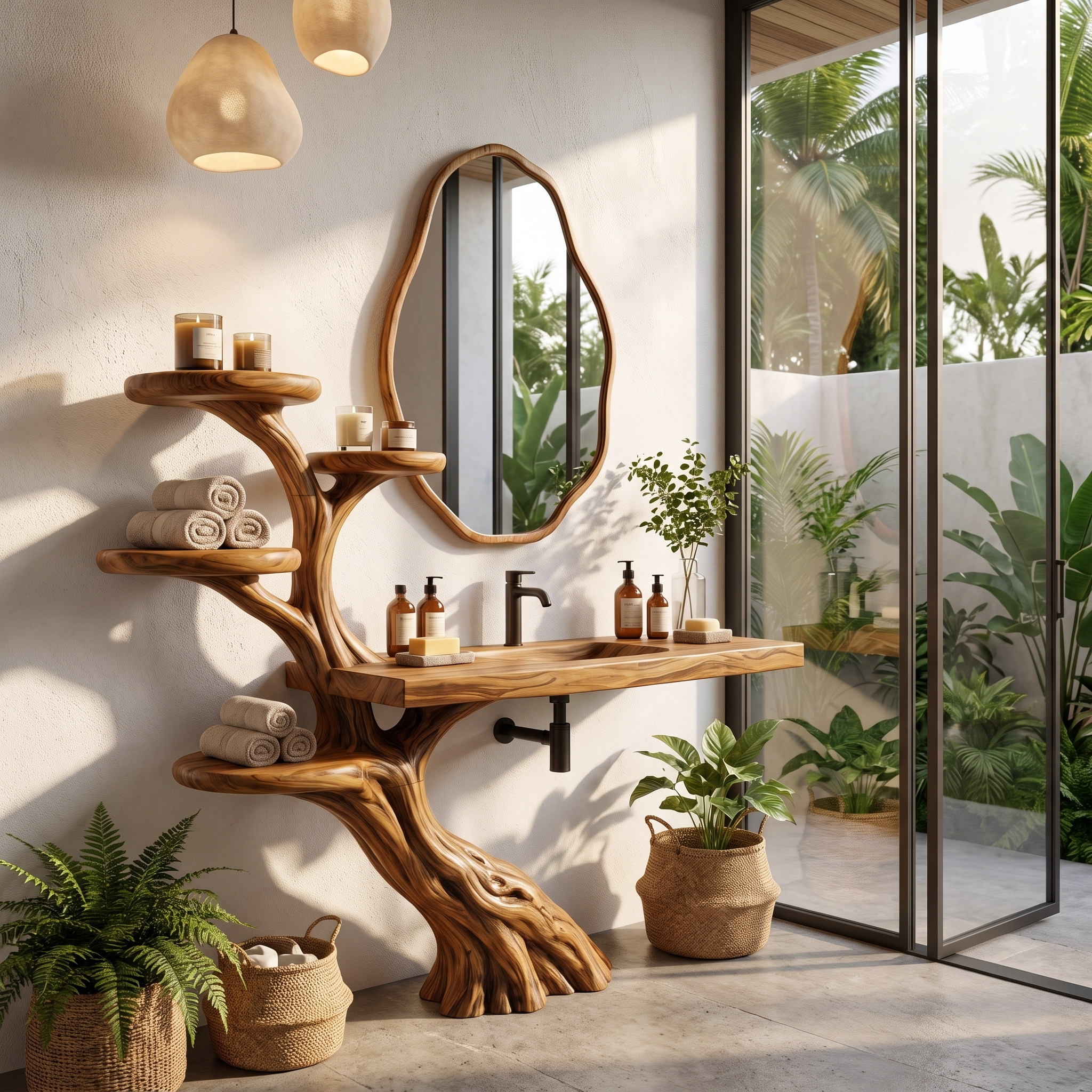 Rustic Bathroom Vanity With Sculptural Wood Structure For Bathroom