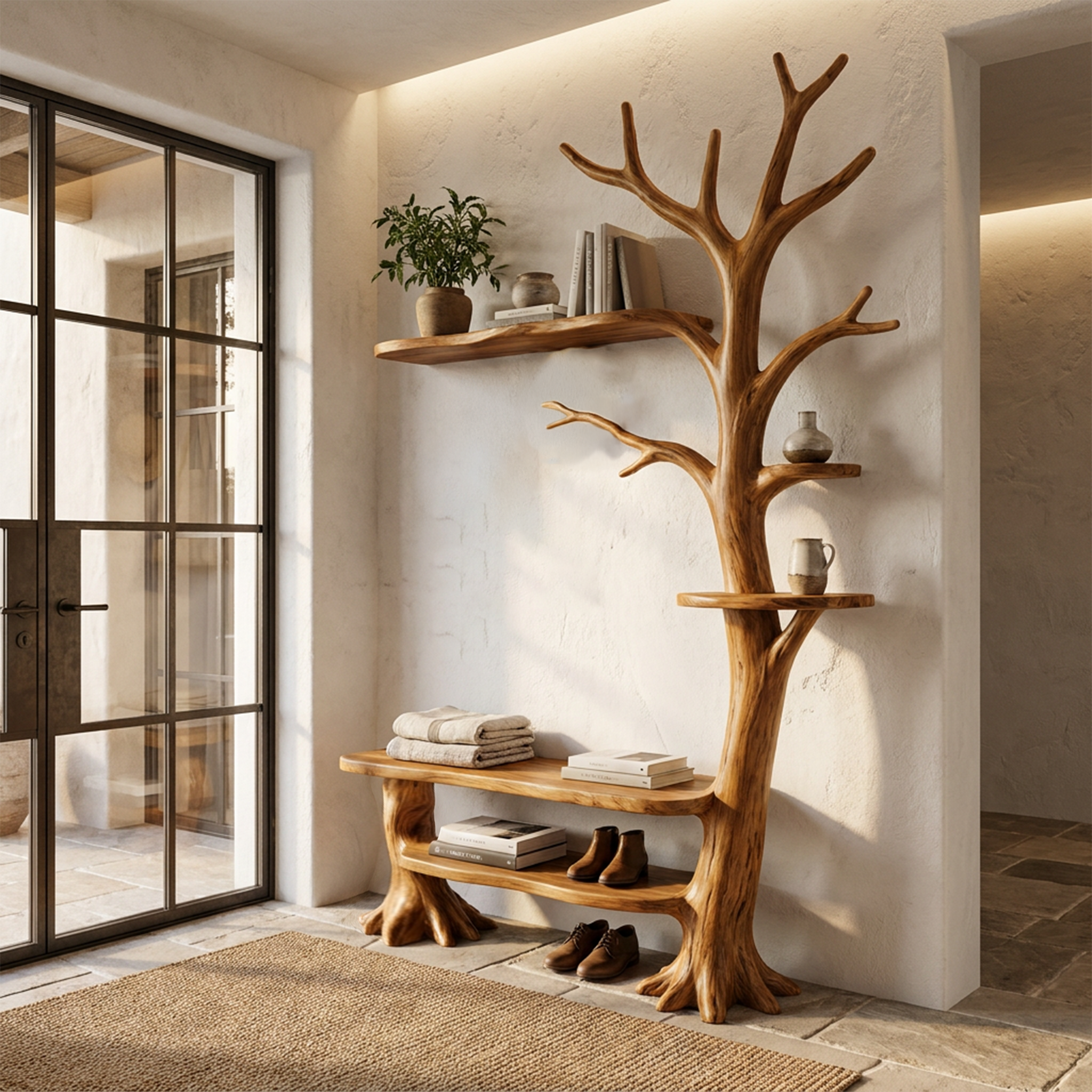 Rustic Tree Coat Rack With Integrated Bench And Floating Display Shelves For Entryway.