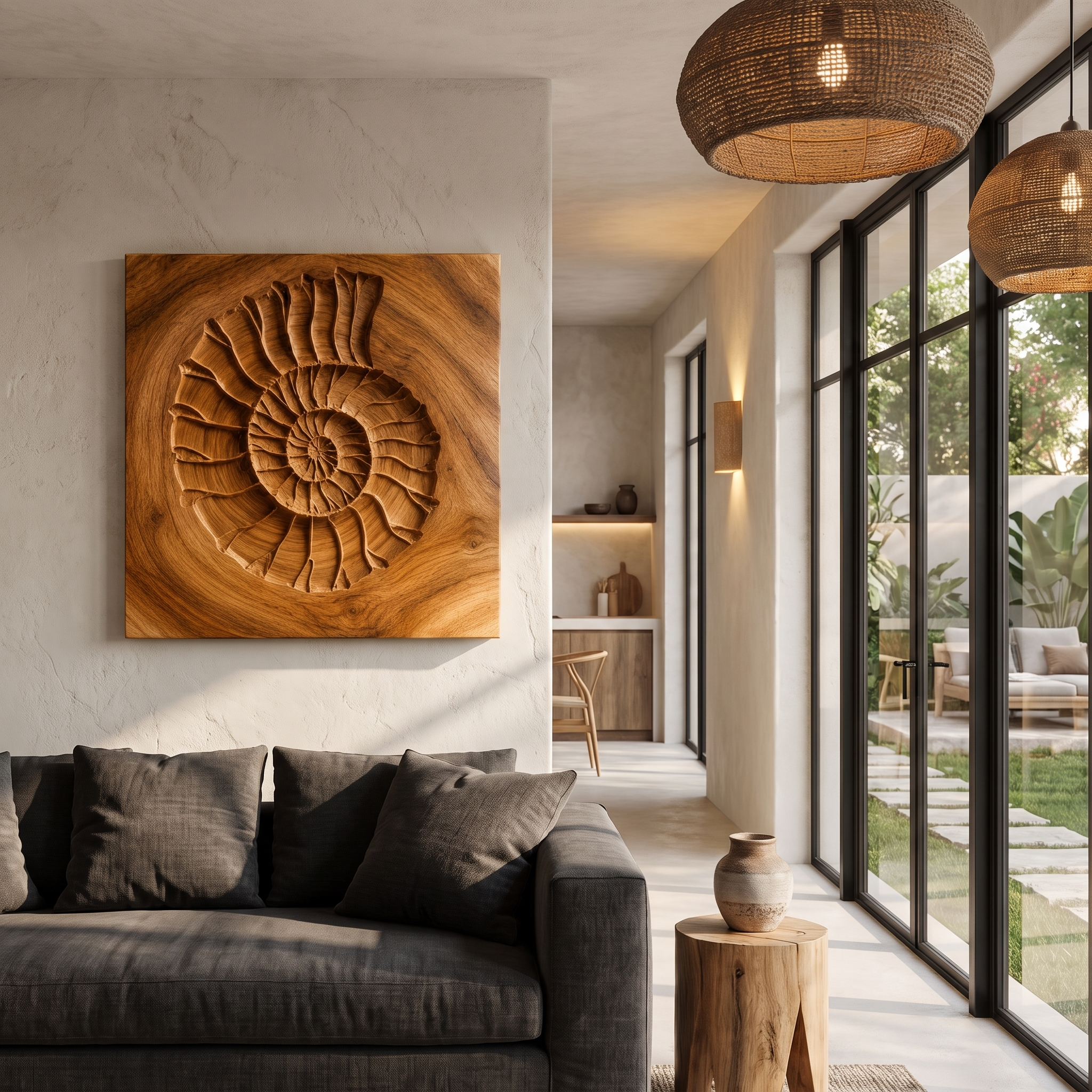 Rustic Ammonite Fossil Wooden Wall Decor For Living Room