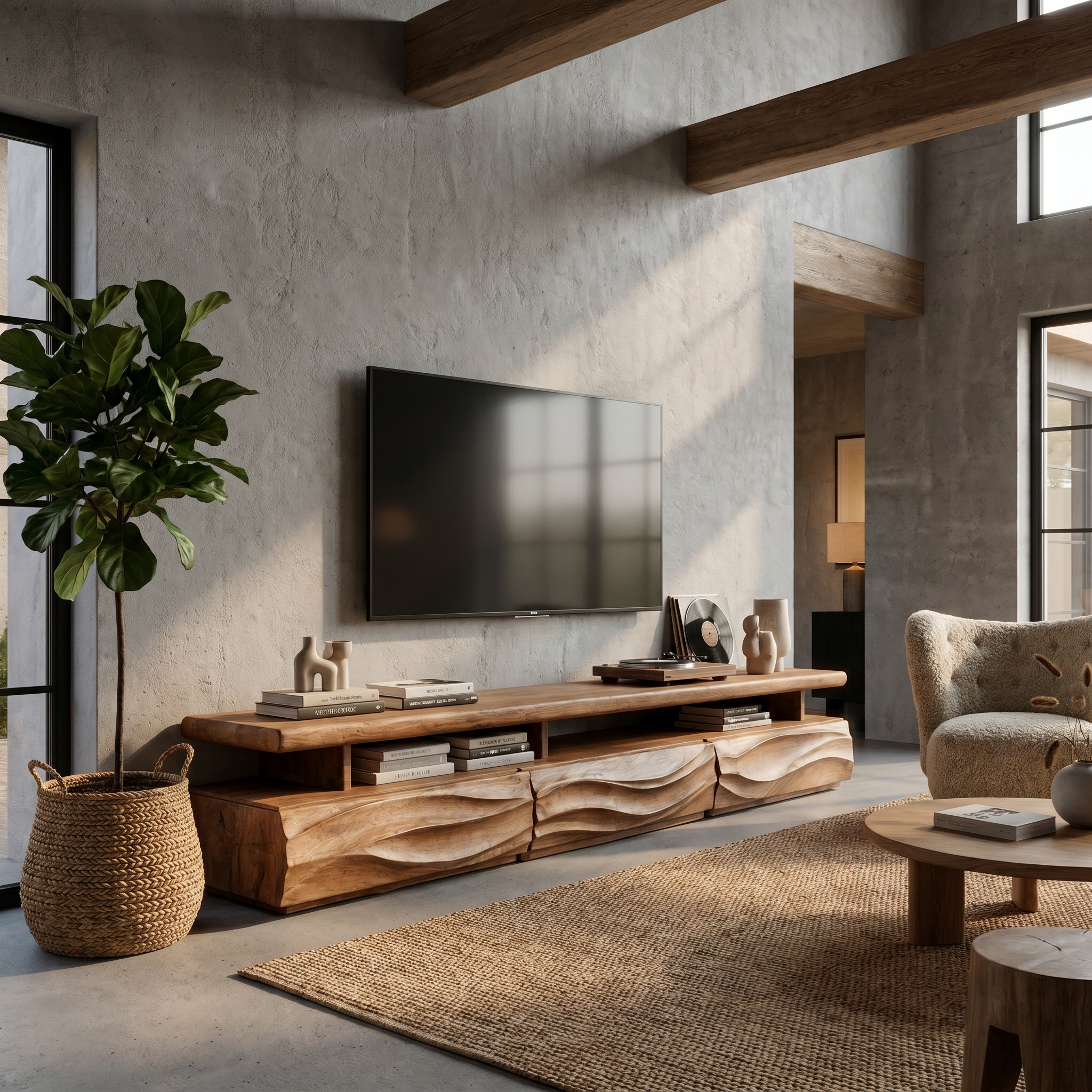 Rustic TV Cabinet With Open Storage Shelf And Wave Front Drawers For Living Room