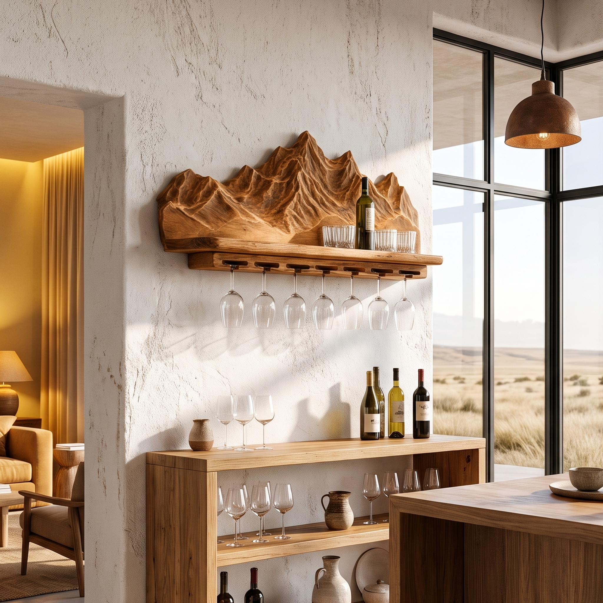Nature Inspired Wall Wine Holder With Mountain Shelf For Home Bar