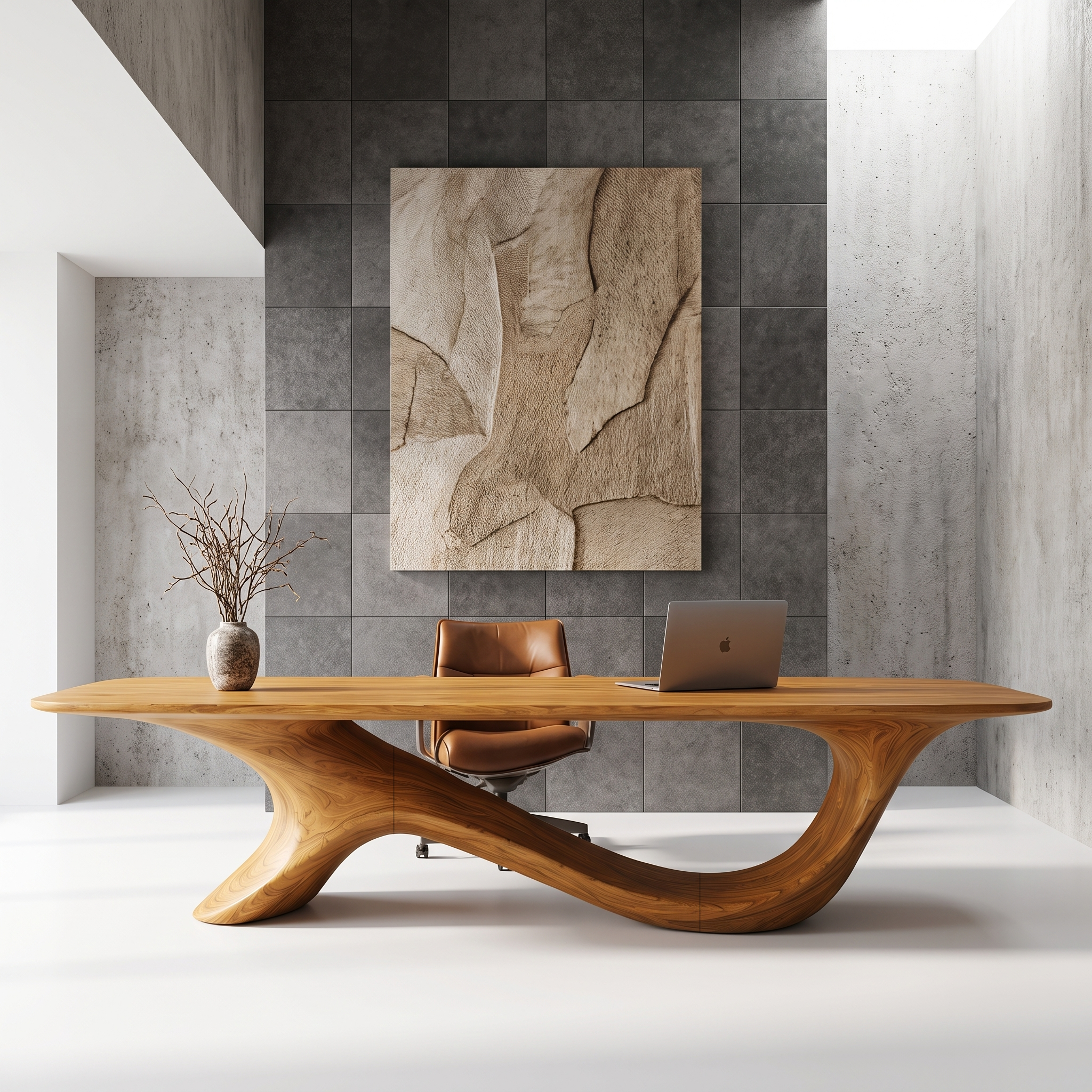 Modern Sculptural Base Desk Solid Wood Desk For Workspace