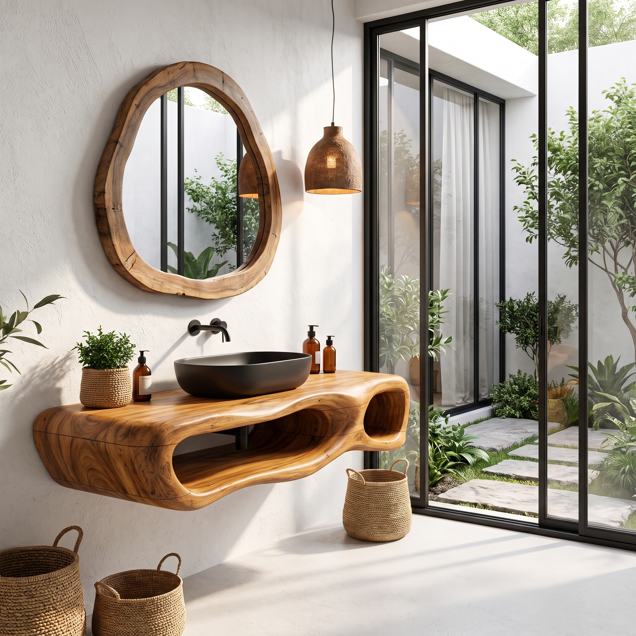 Modern Wall Mounted Bathroom Vanity With Organic Wood Base For Bathroom