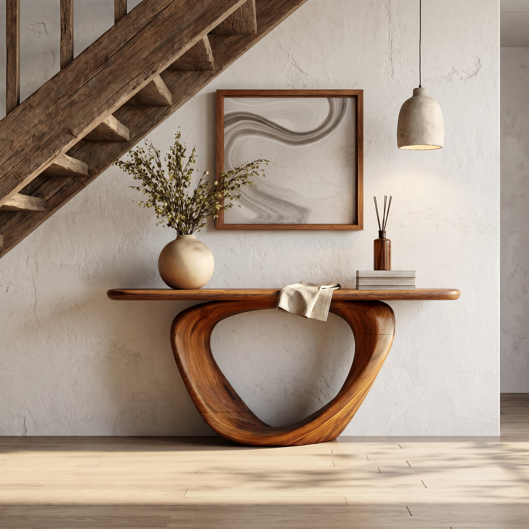 Sculptural Console Table With Loop Shaped Wooden Base Live Edge Console Table With Unique Sculptural Base Design