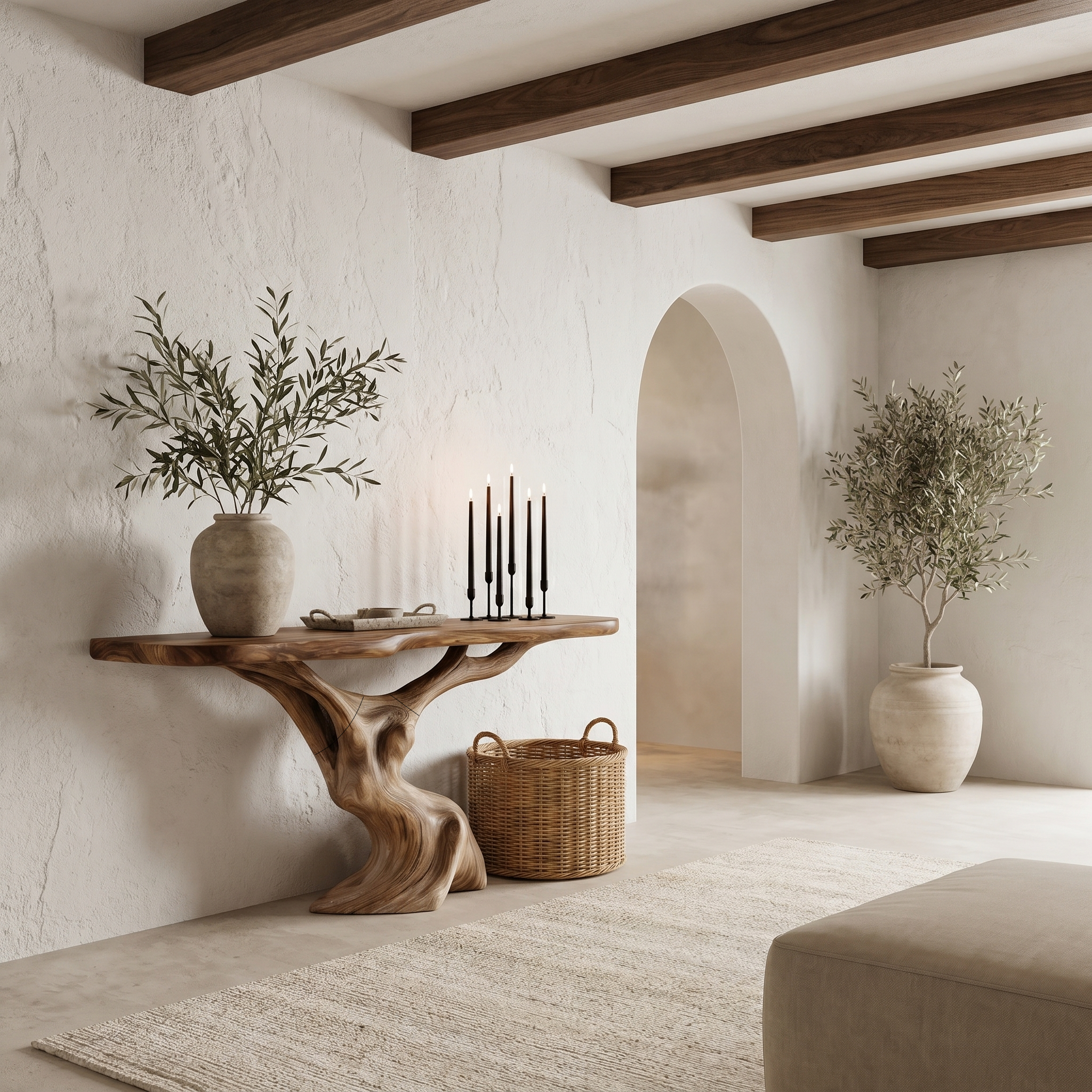 Rustic Organic Console Table With Unique Sculptural Tree Inspired Wood Base For Entryway And Living Room
