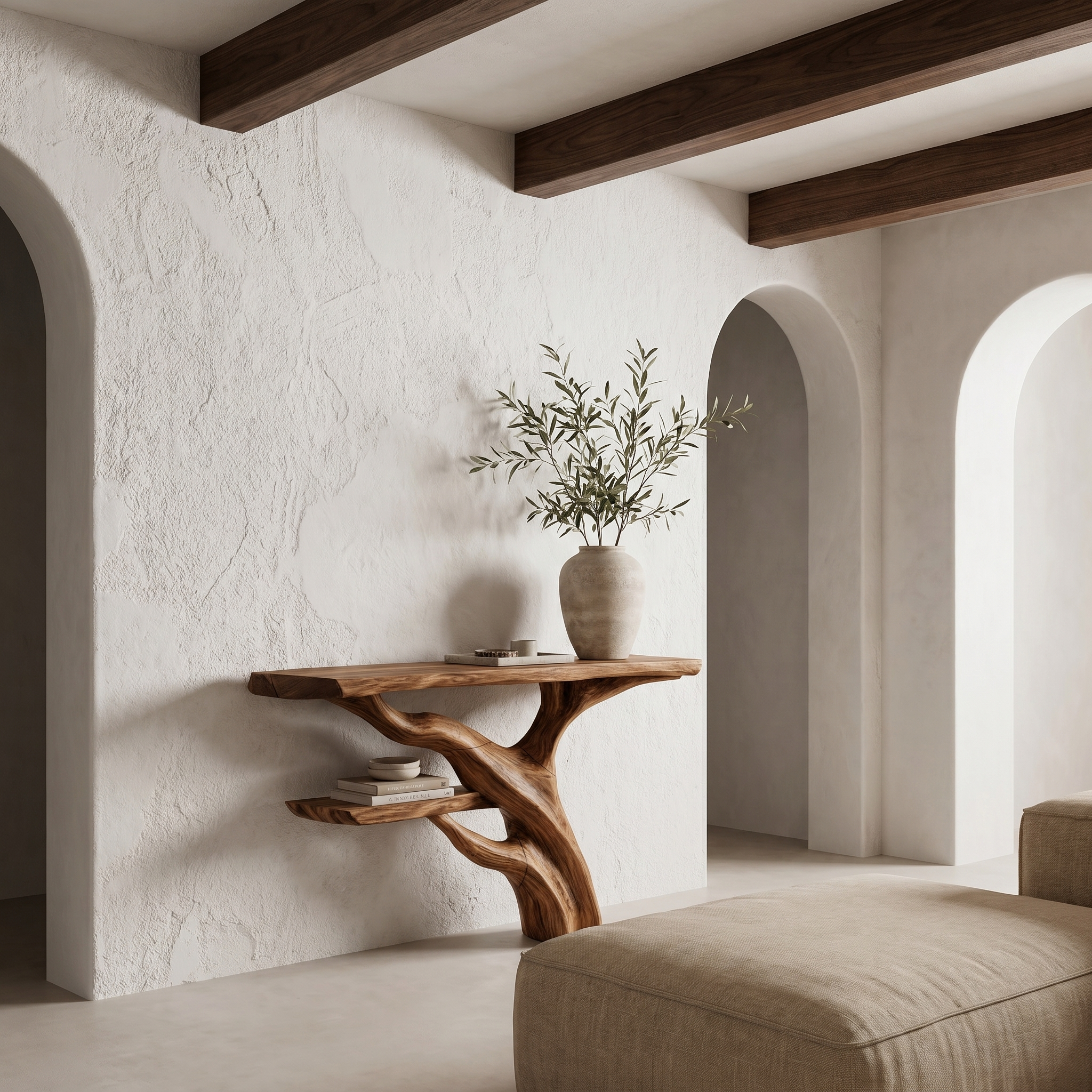 Sculptural Console Table With Abstract Branch Inspired Base And Solid Wood Top For Entryway