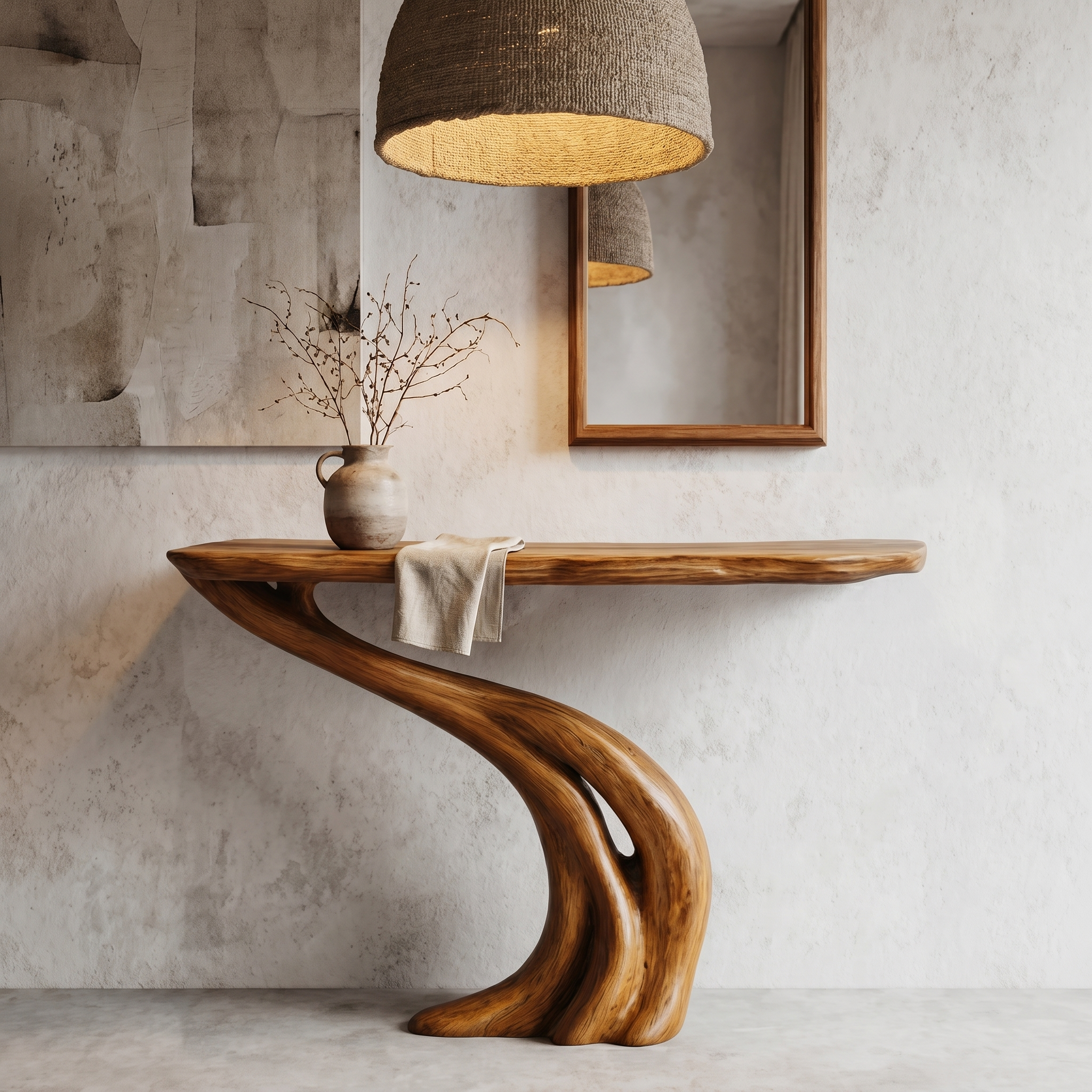 Organic Curved Console Table With Soft Flowing Wood Base For Entryway And Living Room