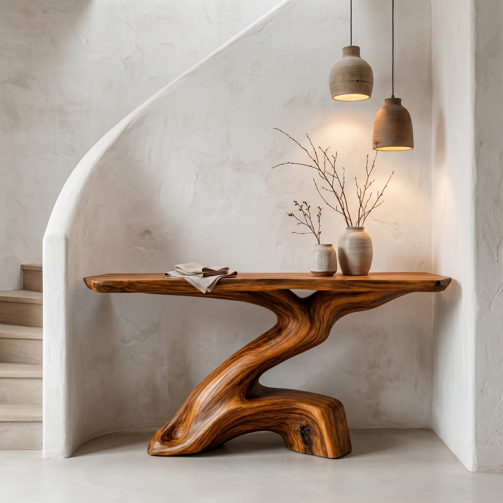Rustic Console Table With Sculptural Tree Root Base And Solid Wood Top For Entryway And Living Room