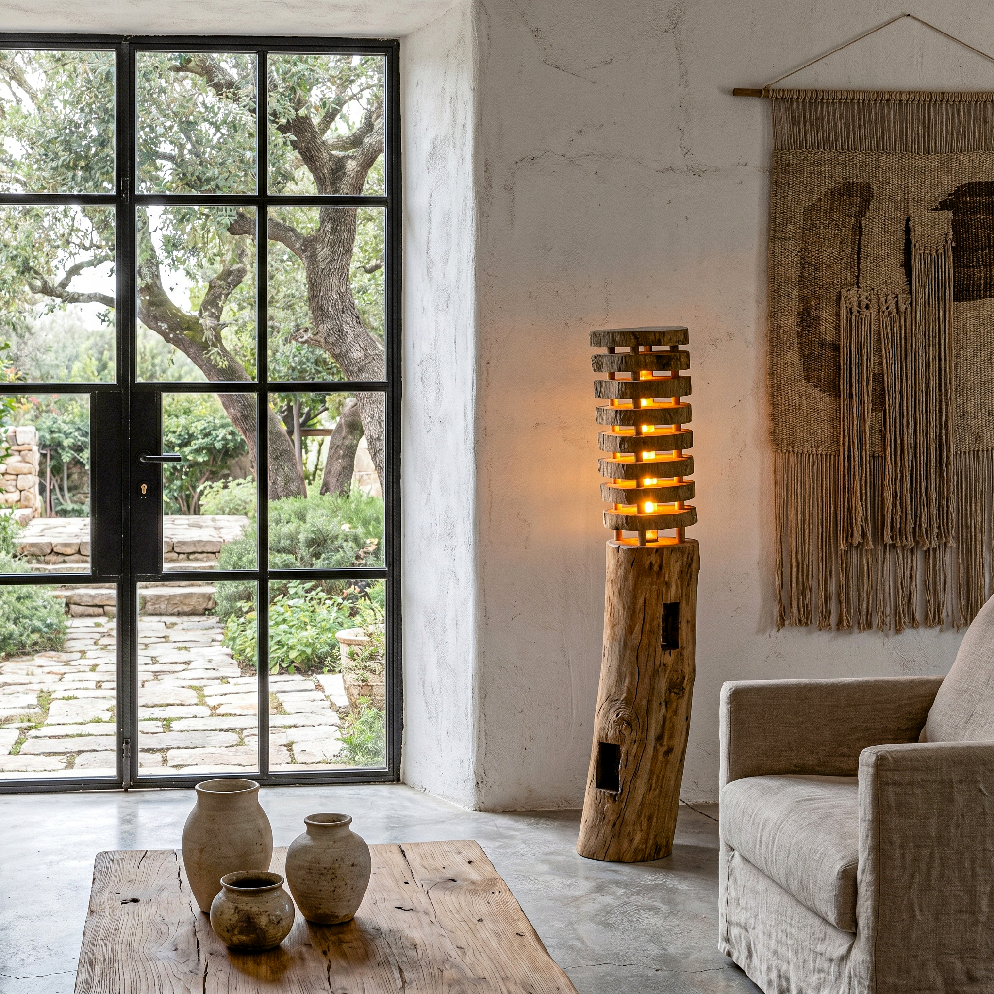 Rustic Log Floor Lamp With Sculptural Wooden Base For Living Room And Bedroom