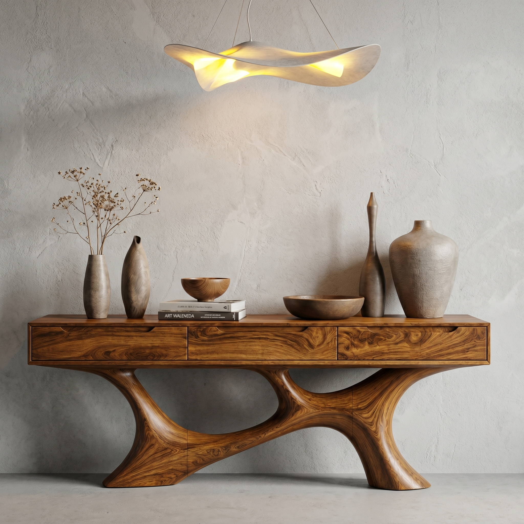 Modern Console Table With Built In Storage Cabinet And Sculptural Curved Wood Base For Entryway And Living Room