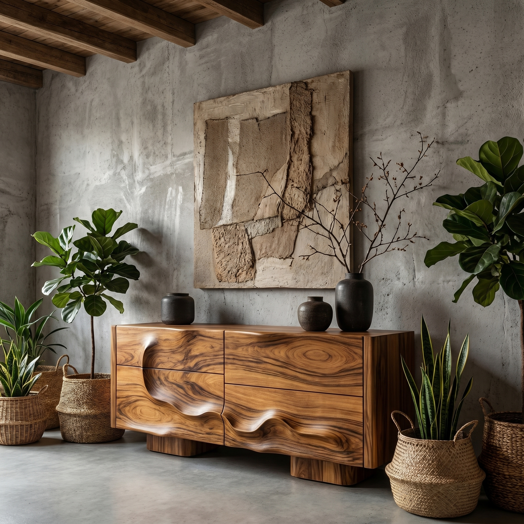 Rustic Organic Storage Cabinet With Carved Wood Doors For Living Room And Entryway