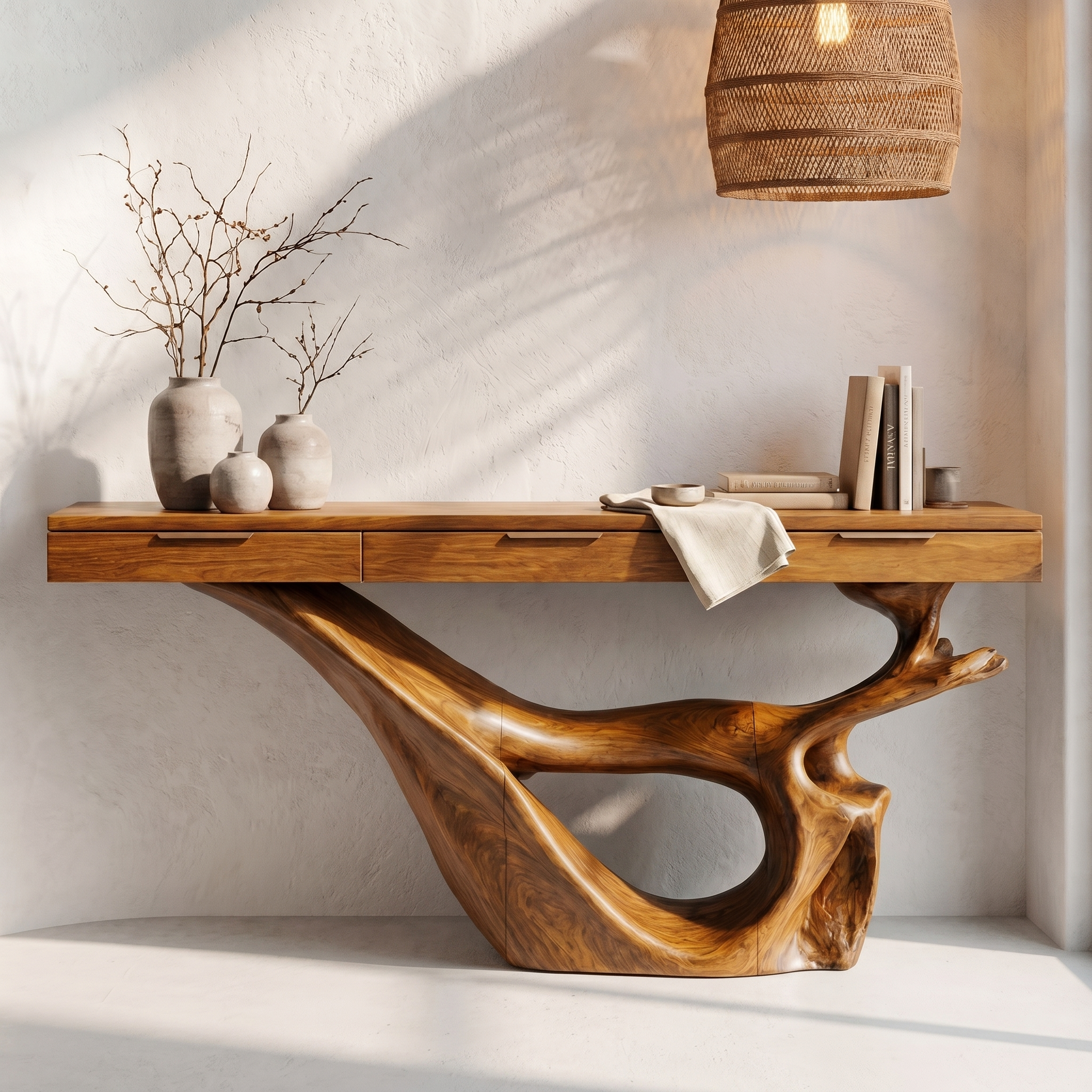 Minimal Console Table With Sculptural Curved Loop Wood Base And Solid Wood Top For Entryway And Living Room