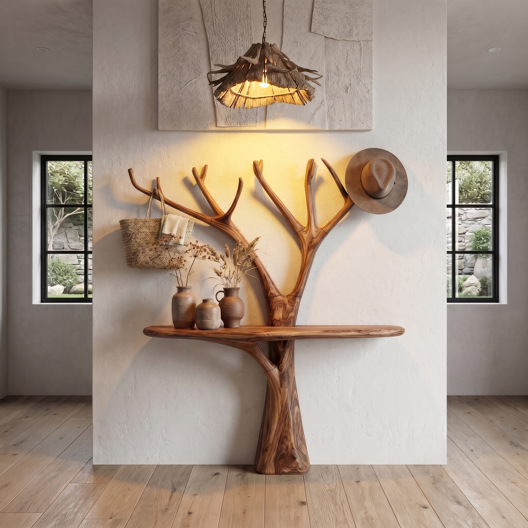 Rustic Organic Console Table With Tree Branch Wood Base For Living Room