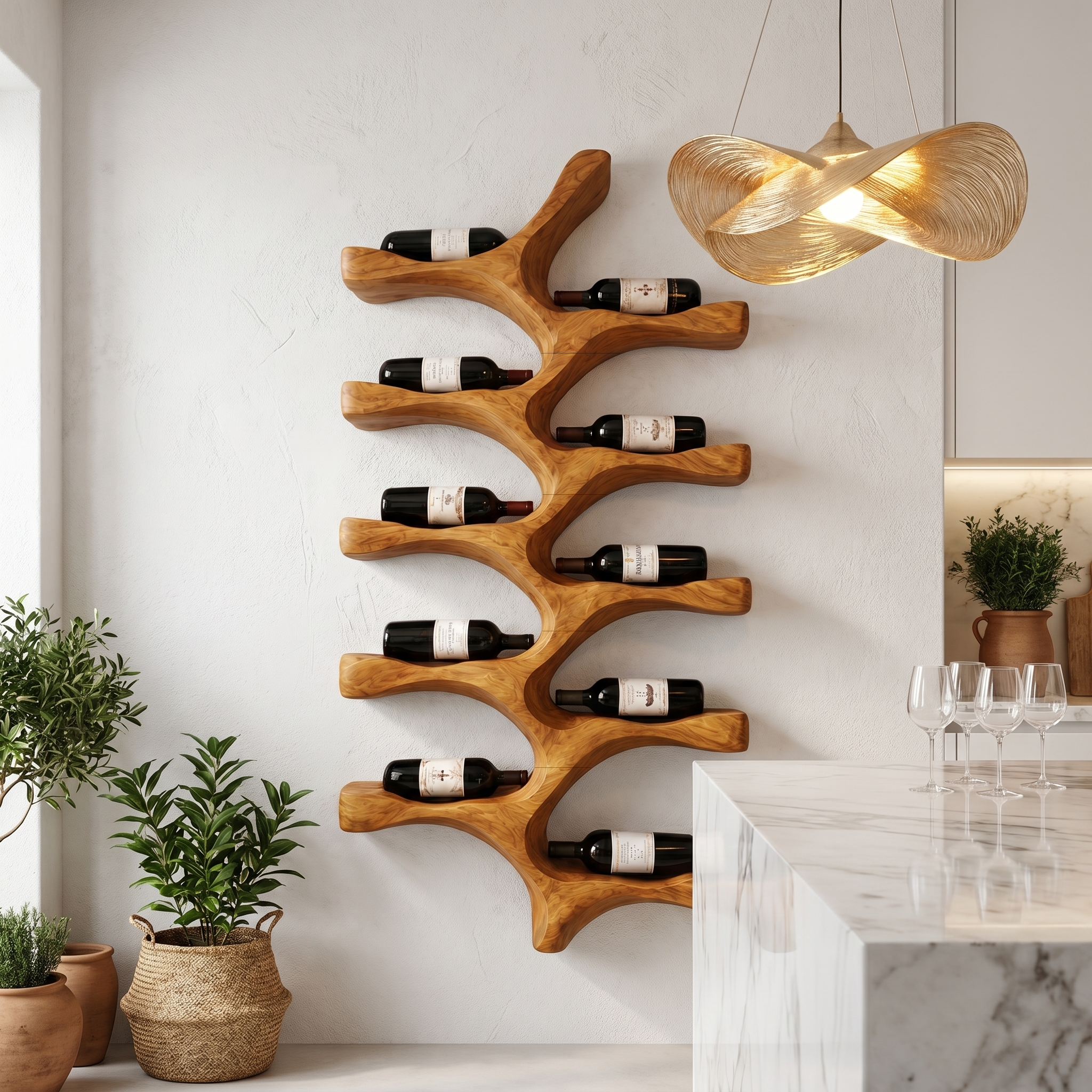Organic Wall Mounted Wine Rack With Tree Branch Bottle Holders For Kitchen