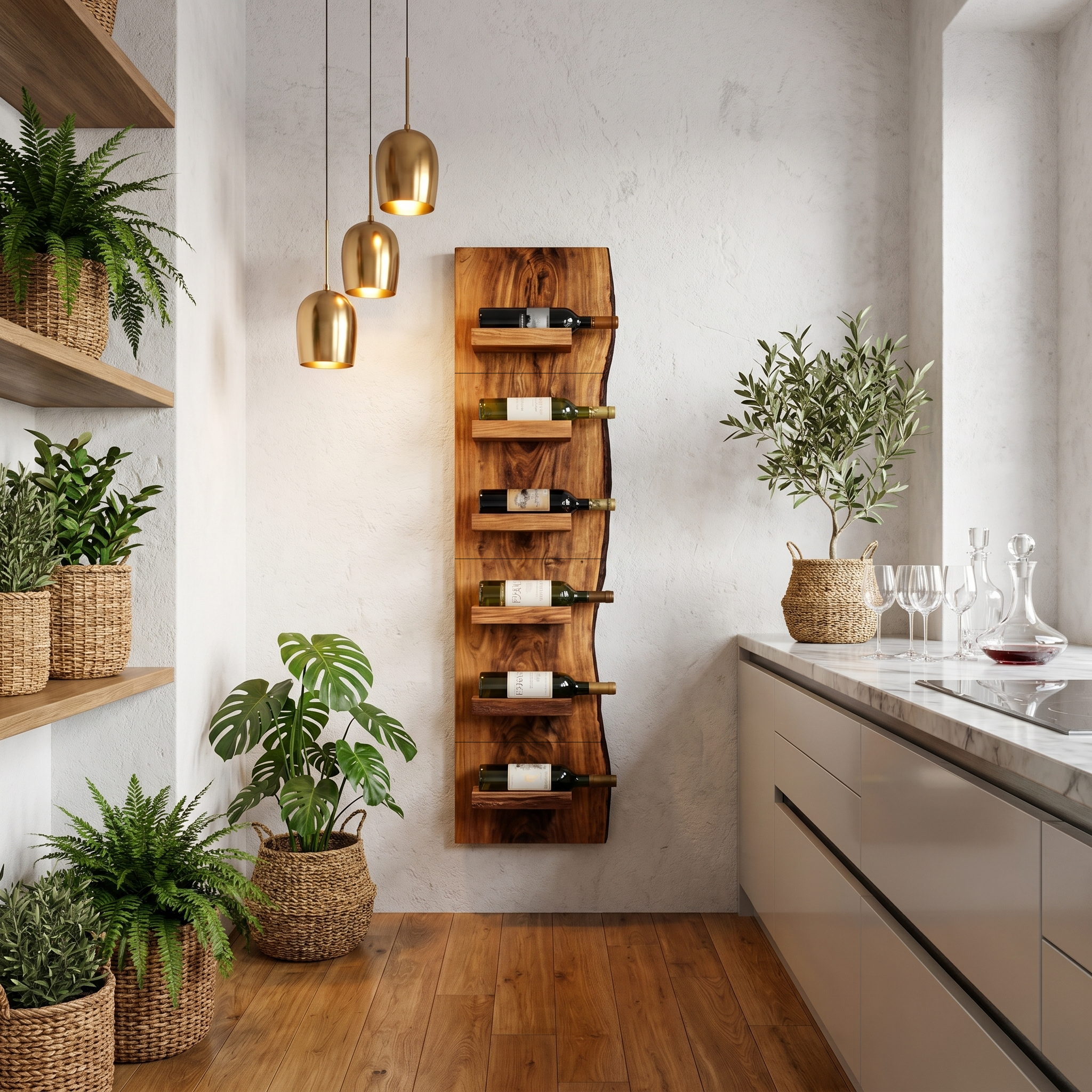 Rustic Wall Mounted Wine Rack With Vertical Wooden Storage Shelves For Kitchen And Dining Room