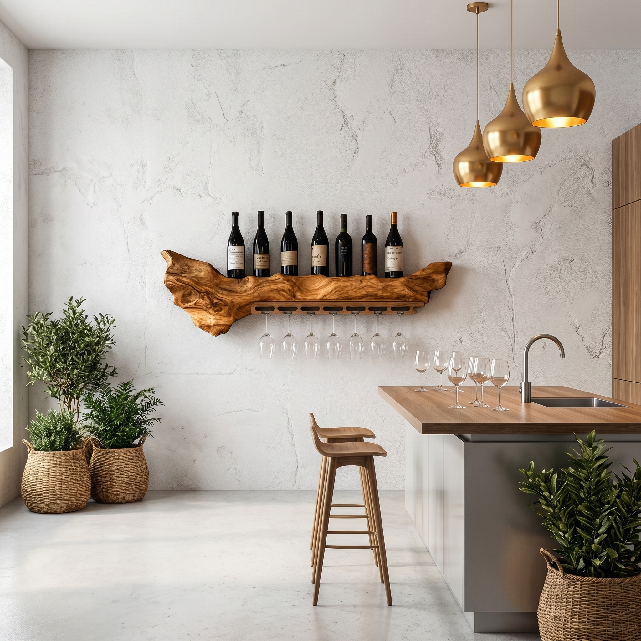 Rustic Live Edge Wall Mounted Wine Rack With Glass Holder And Bottle Storage For Kitchen And Dining Room
