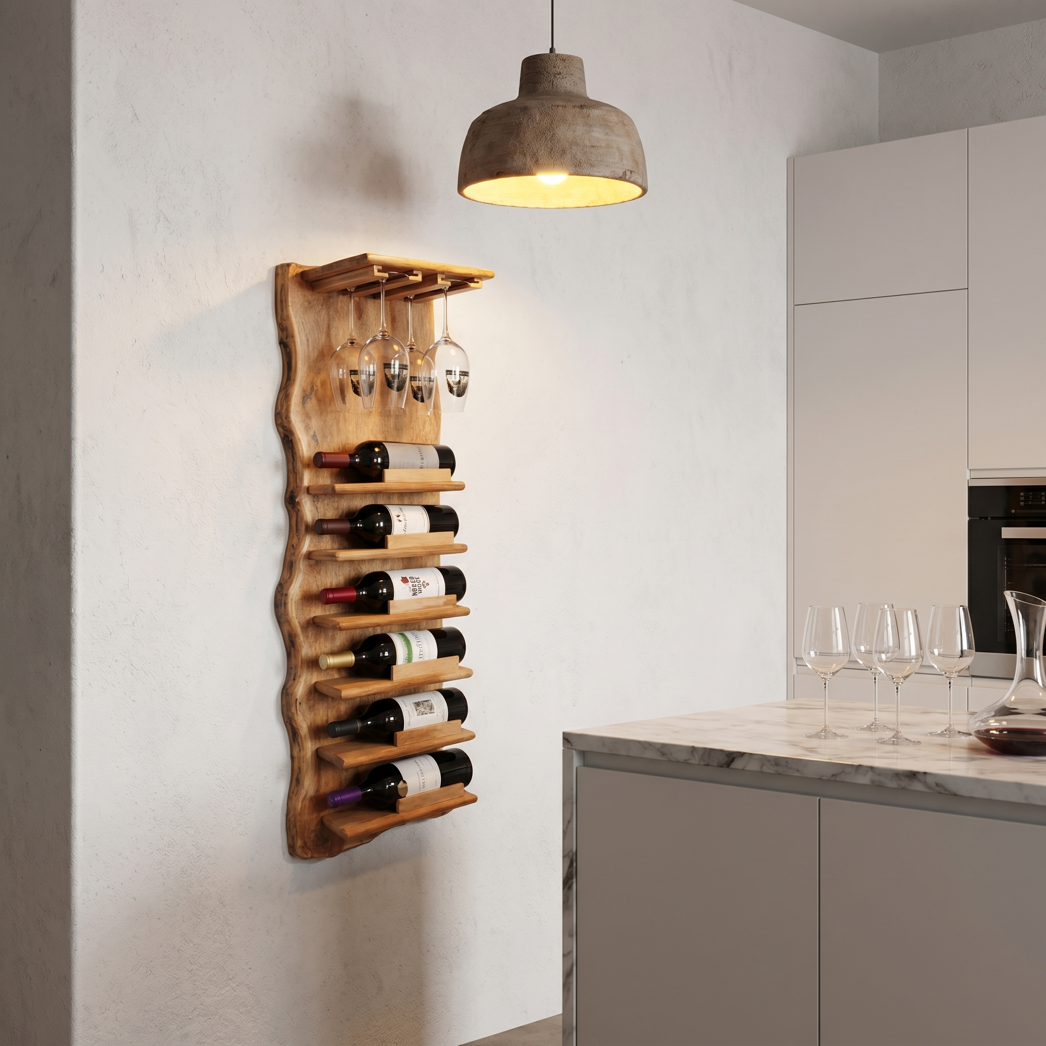 Live Edge Wall Mounted Wine Rack With Glass Holder And Vertical Bottle Storage For Kitchen And Dining Room