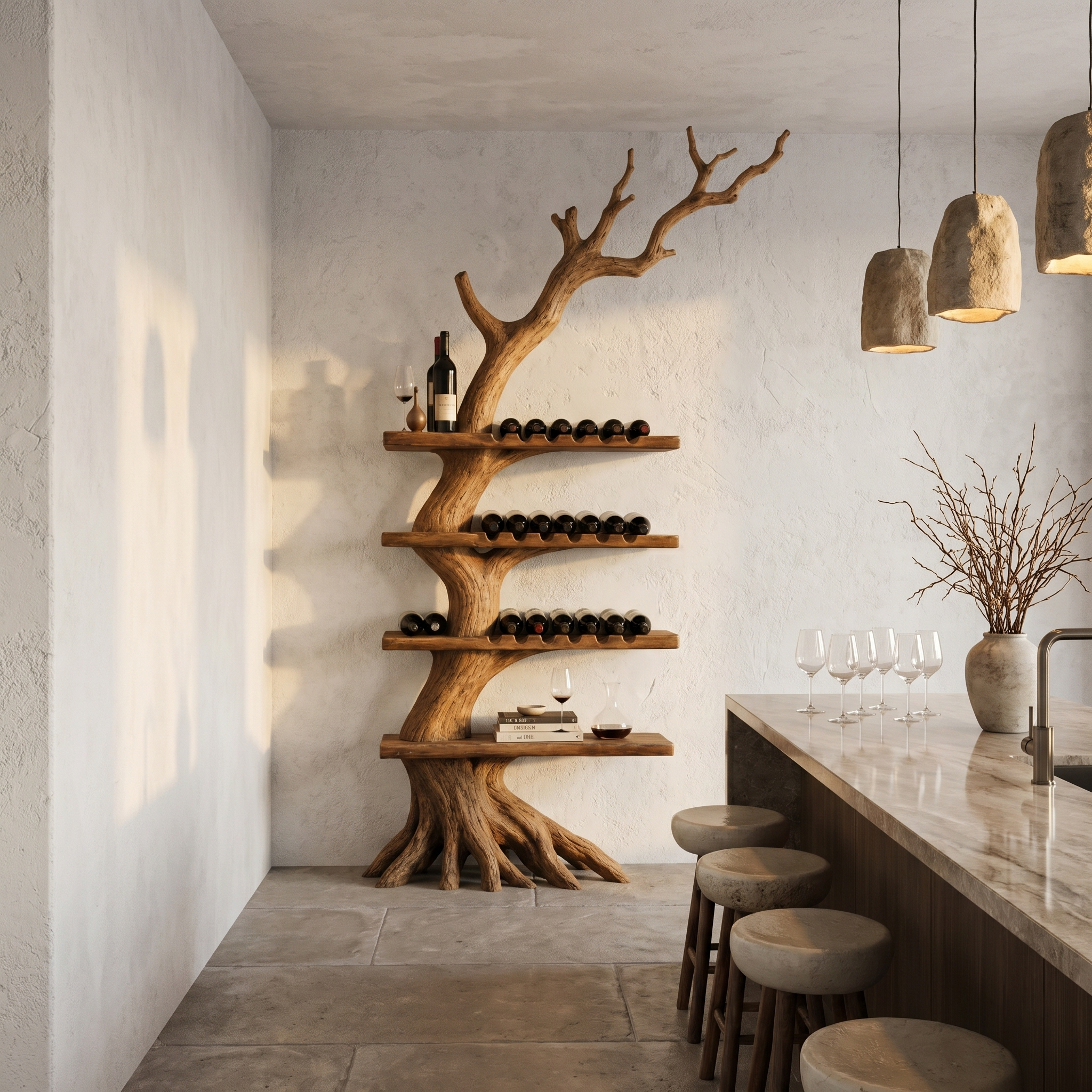 Rustic Tree Wine Rack With Solid Wood Shelves And Branch Inspired Wall Mounted Design For Dining Room
