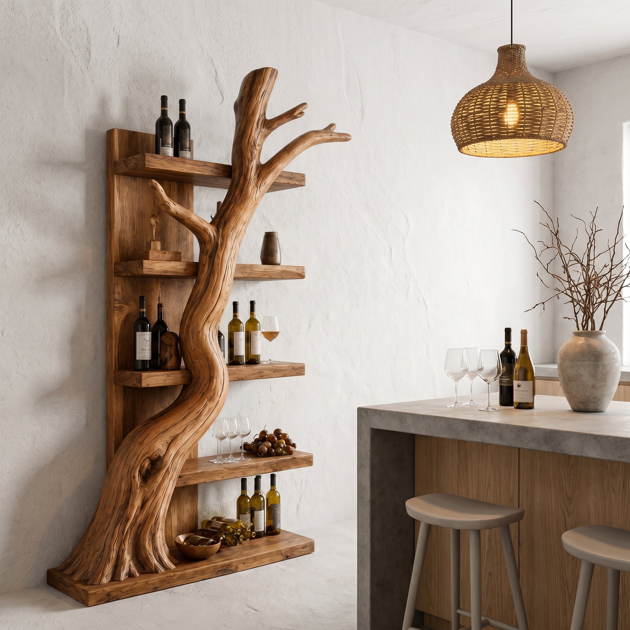 Rustic Tree Wine Rack With Solid Wood Shelves And Sculptural Root Base For Home Bar