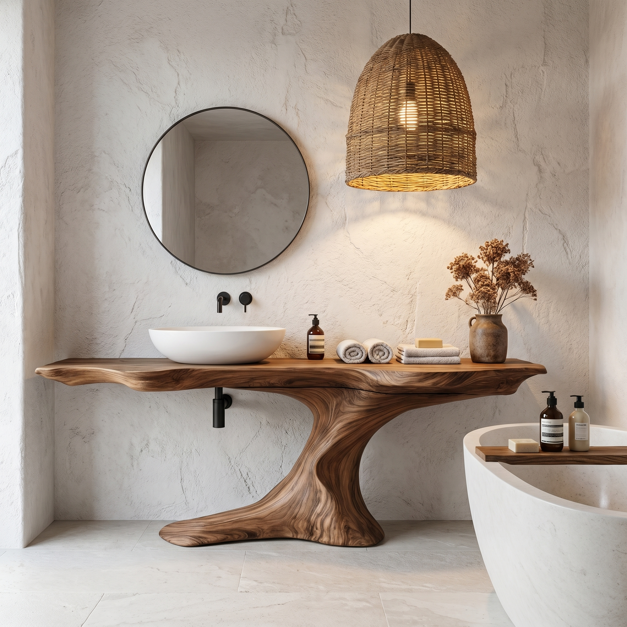 Rustic Organic Bathroom Vanity With Live Edge Countertop And Sculptural Tree Root Base