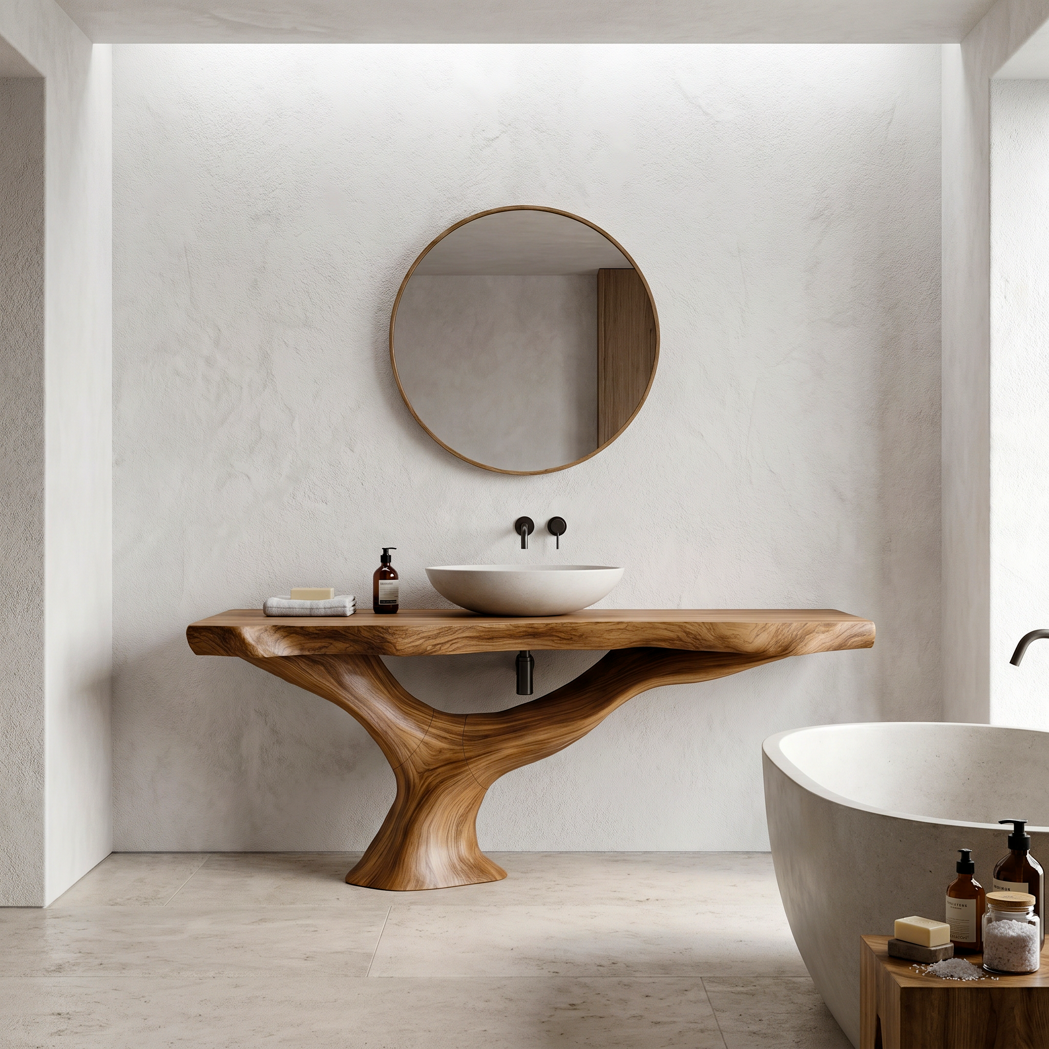 Contemporary Bathroom Vanity With Organic Wood Countertop And Artistic Base For Bathroom