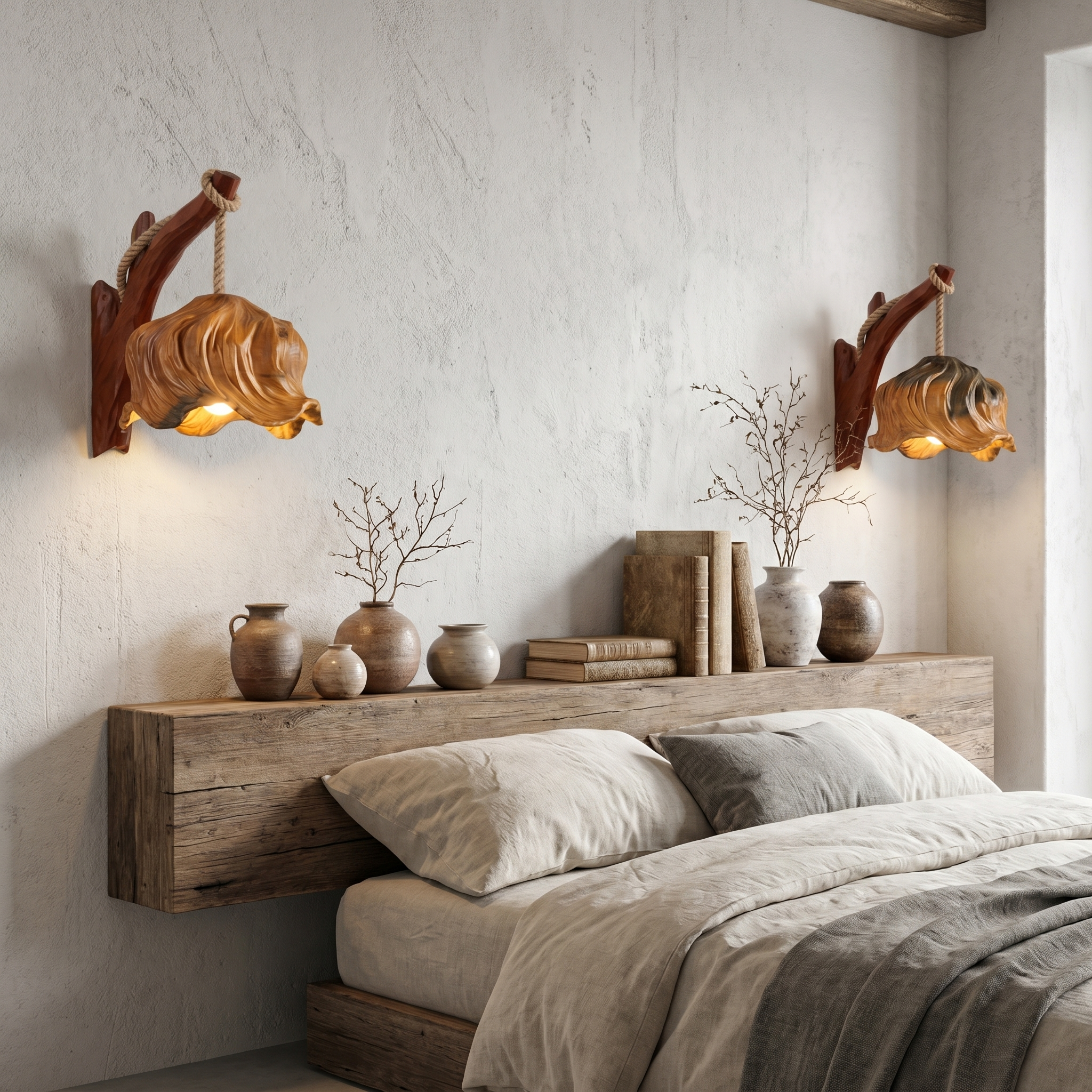 Rustic Flower Wall Sconce With Driftwood Mount And Handcrafted Wooden Sculpture For Living Room