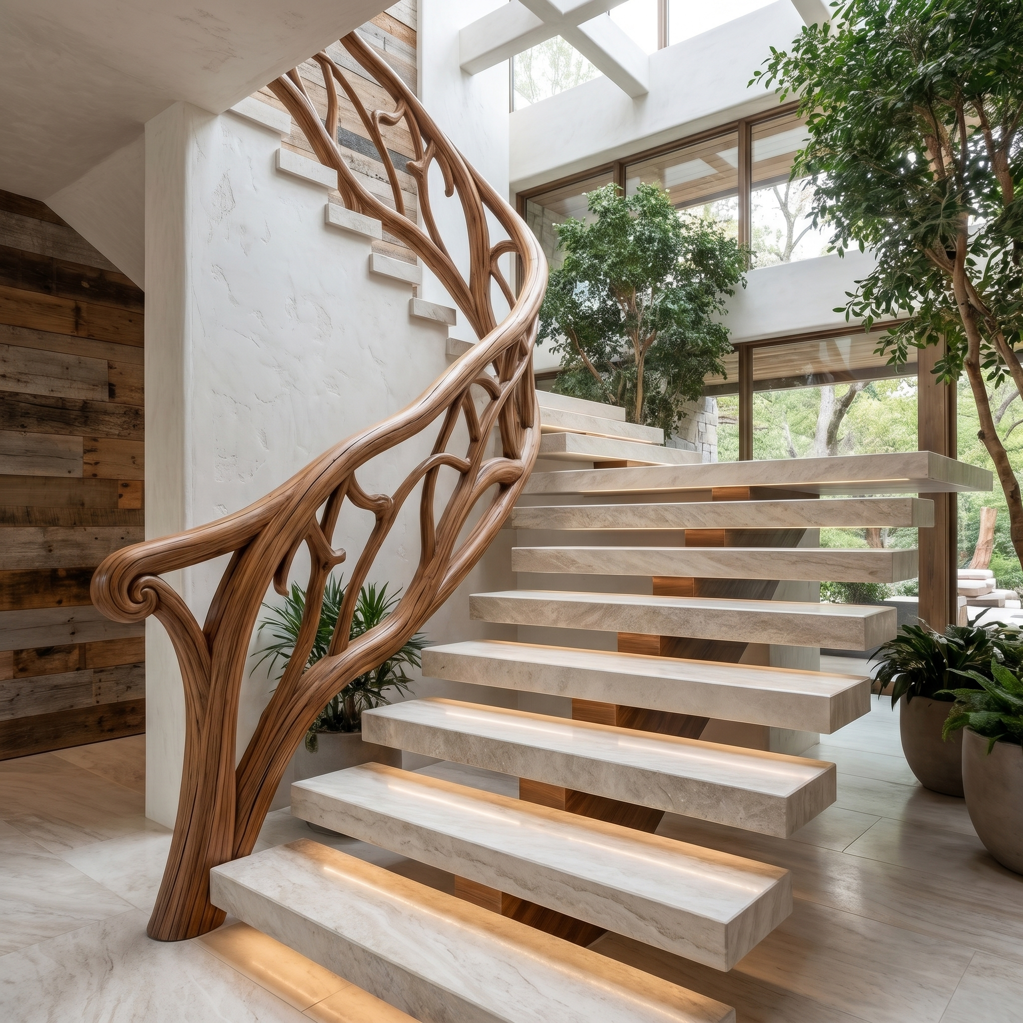 Artistic Tree Branch Stair Railing With Sculptural Wood Design For Interior Staircase