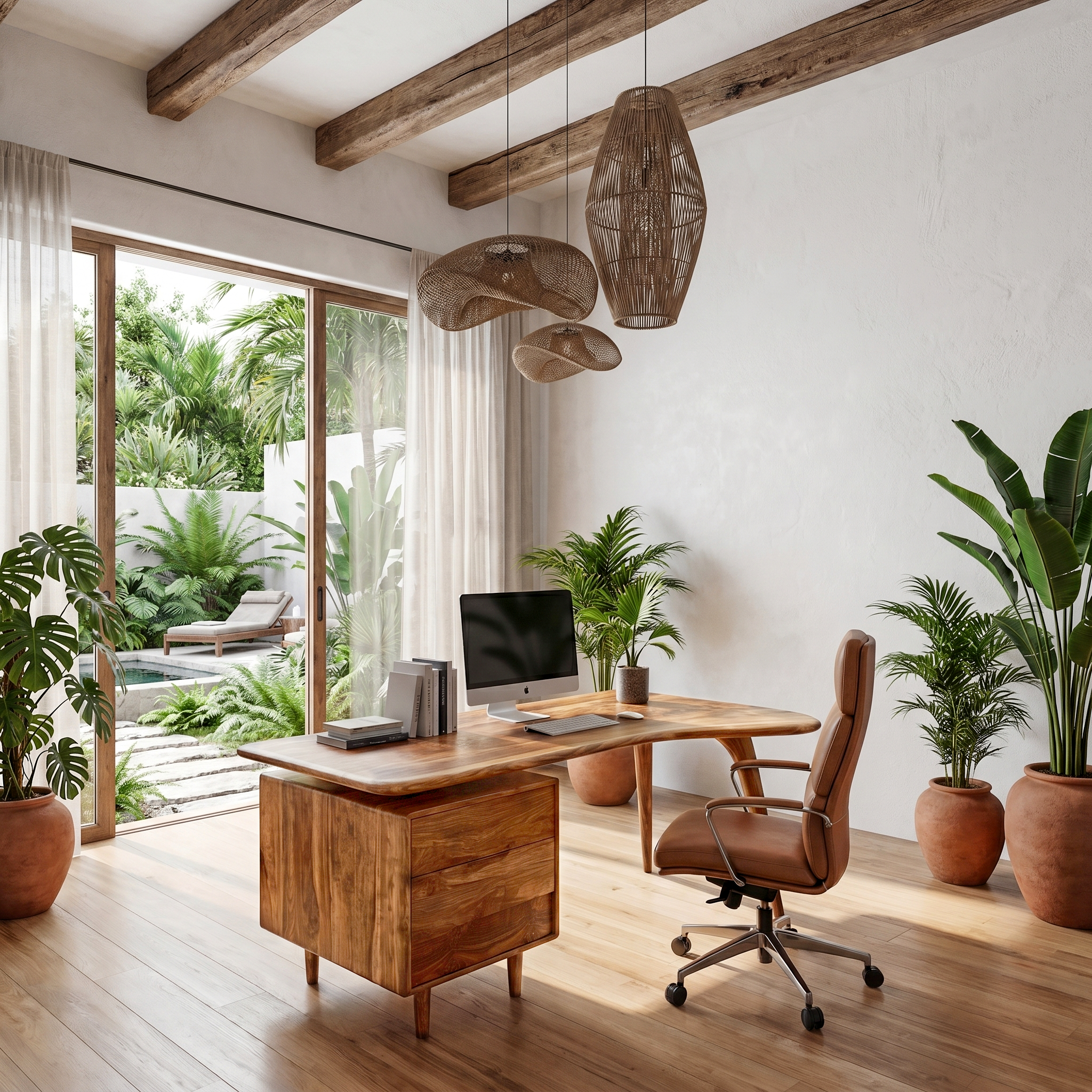 Organic Wooden Desk With Integrated Side Shelves And Built In Drawer Storage For Home Office And Workspace