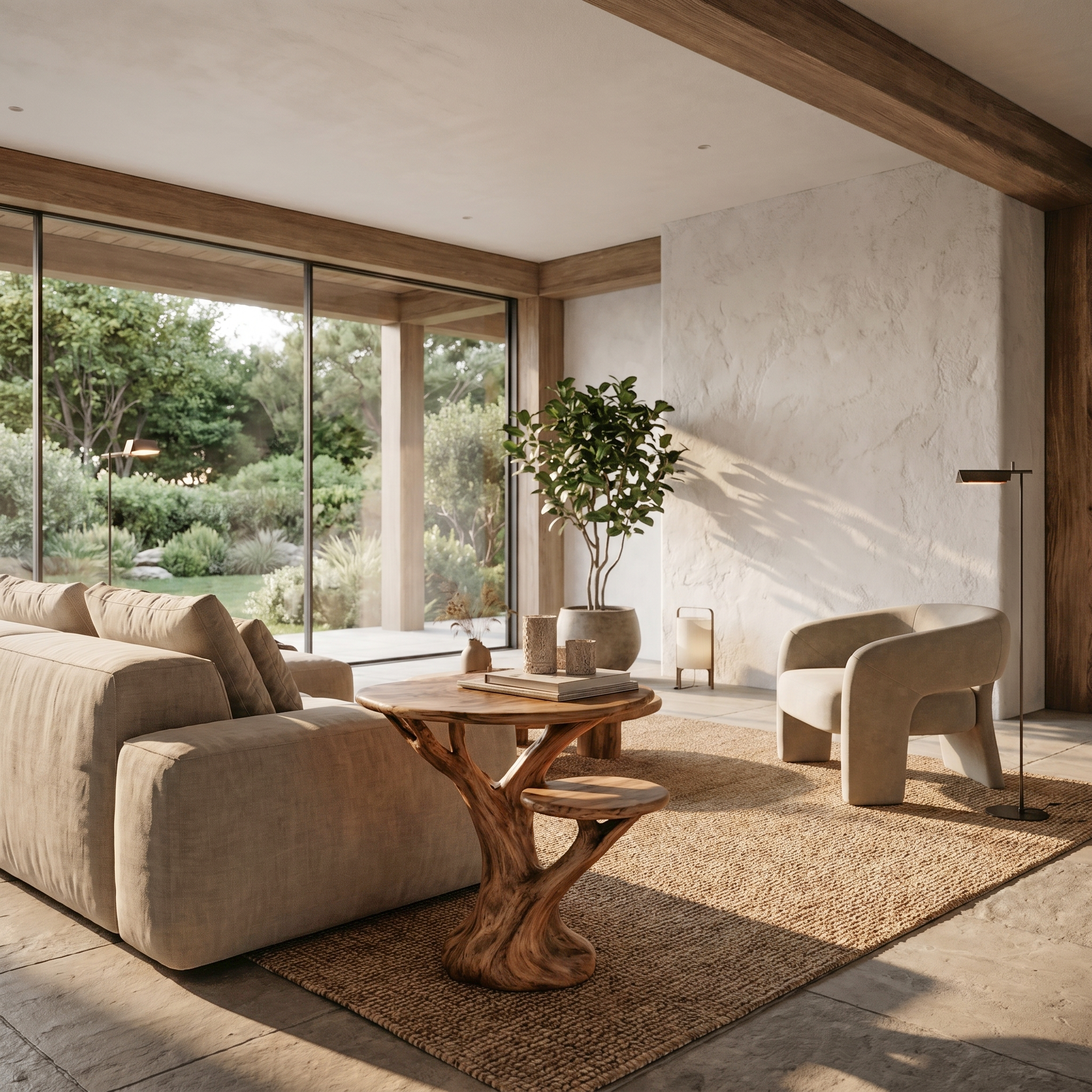 Organic Sculptural Side Table With Tree Inspired Solid Wood Base For Living Room And Bedroom