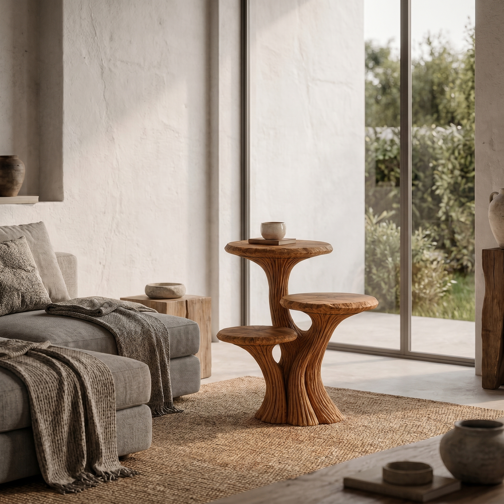 Contemporary Tiered Side Table With Sculptural Solid Wood Design For Living Room And Bedroom