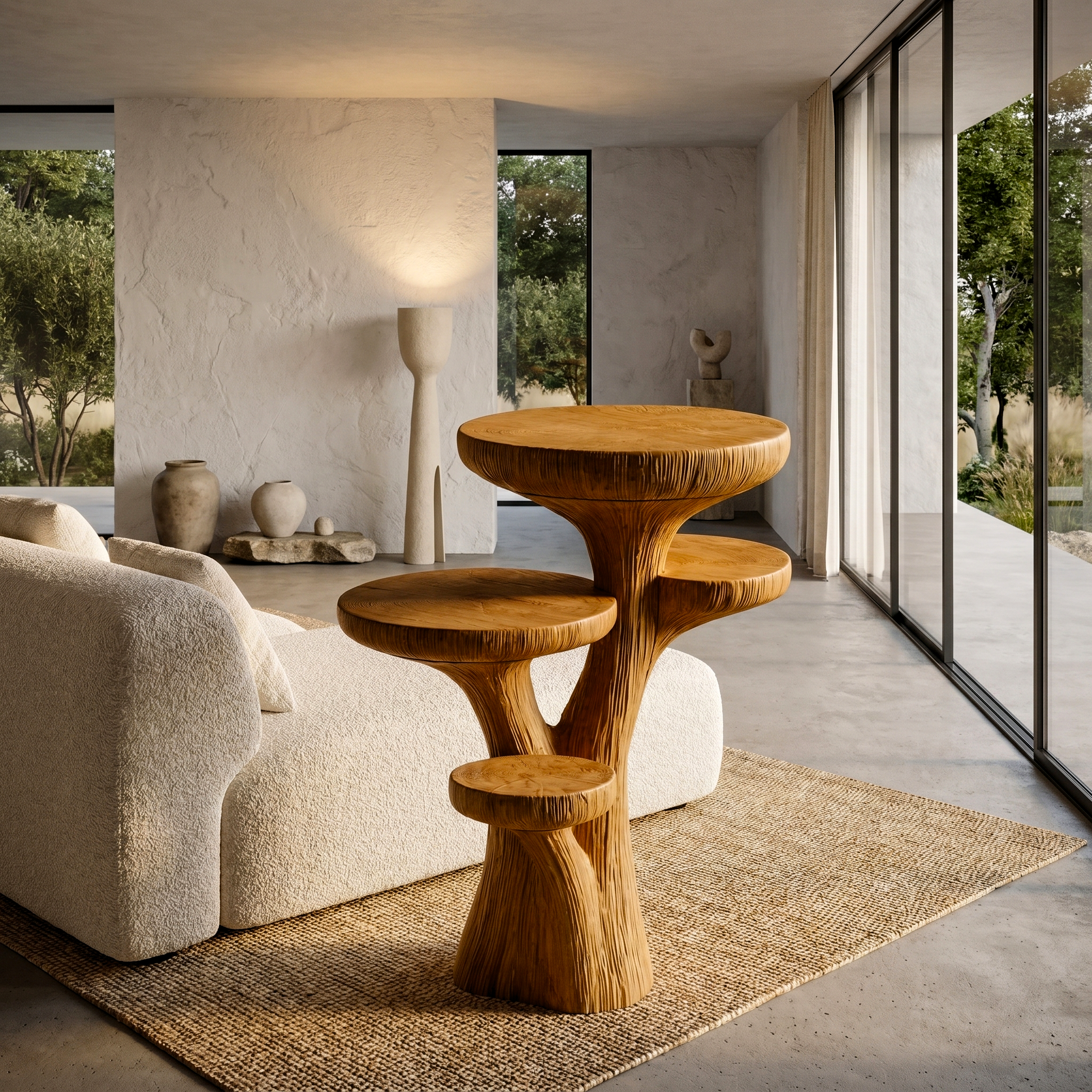 Rustic Sculptural Side Table With Handcrafted Solid Wood Pedestal Base For Living Room And Bedroom