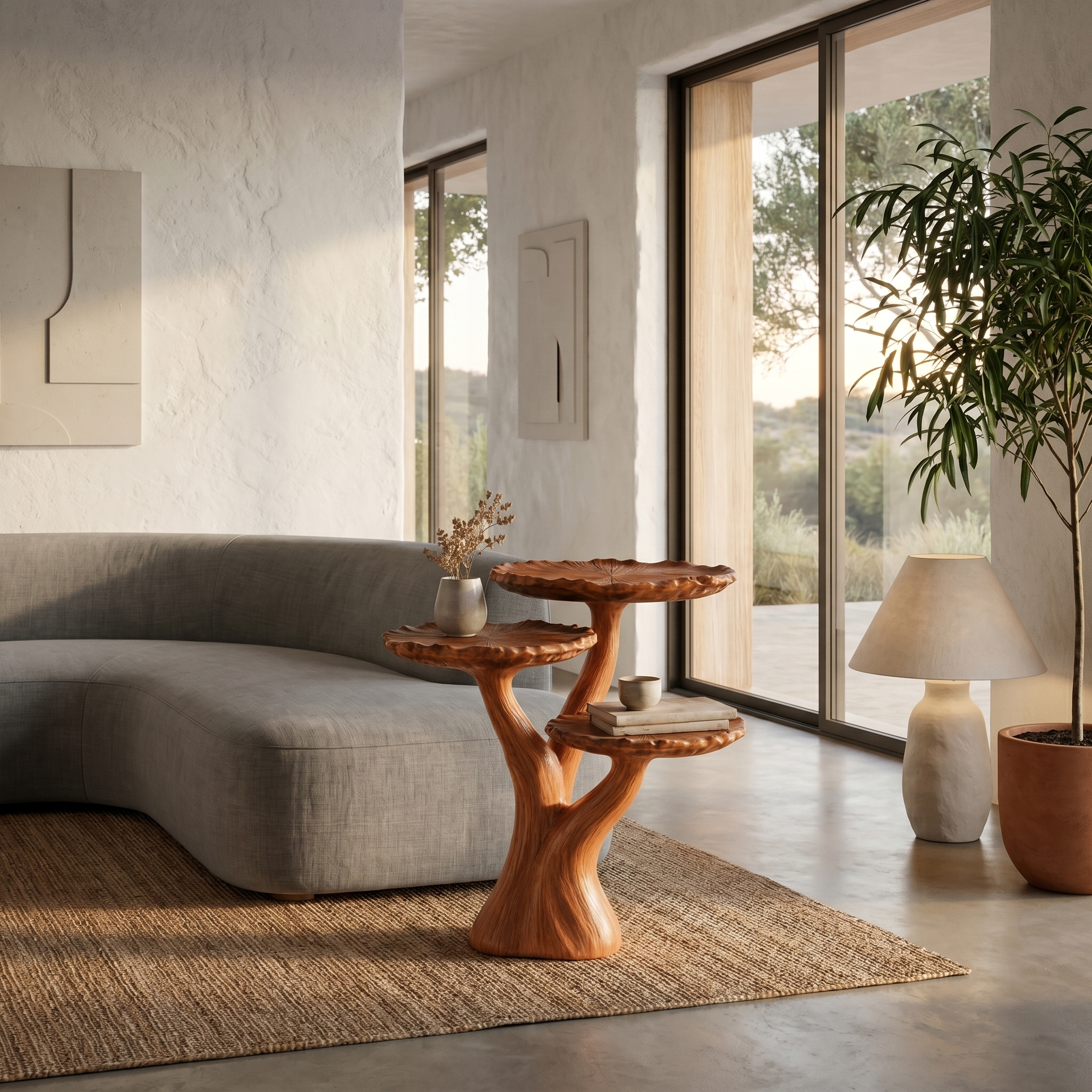 Organic Sculptural Side Table With Multi Tier Solid Wood Shelves For Living Room And Bedroom