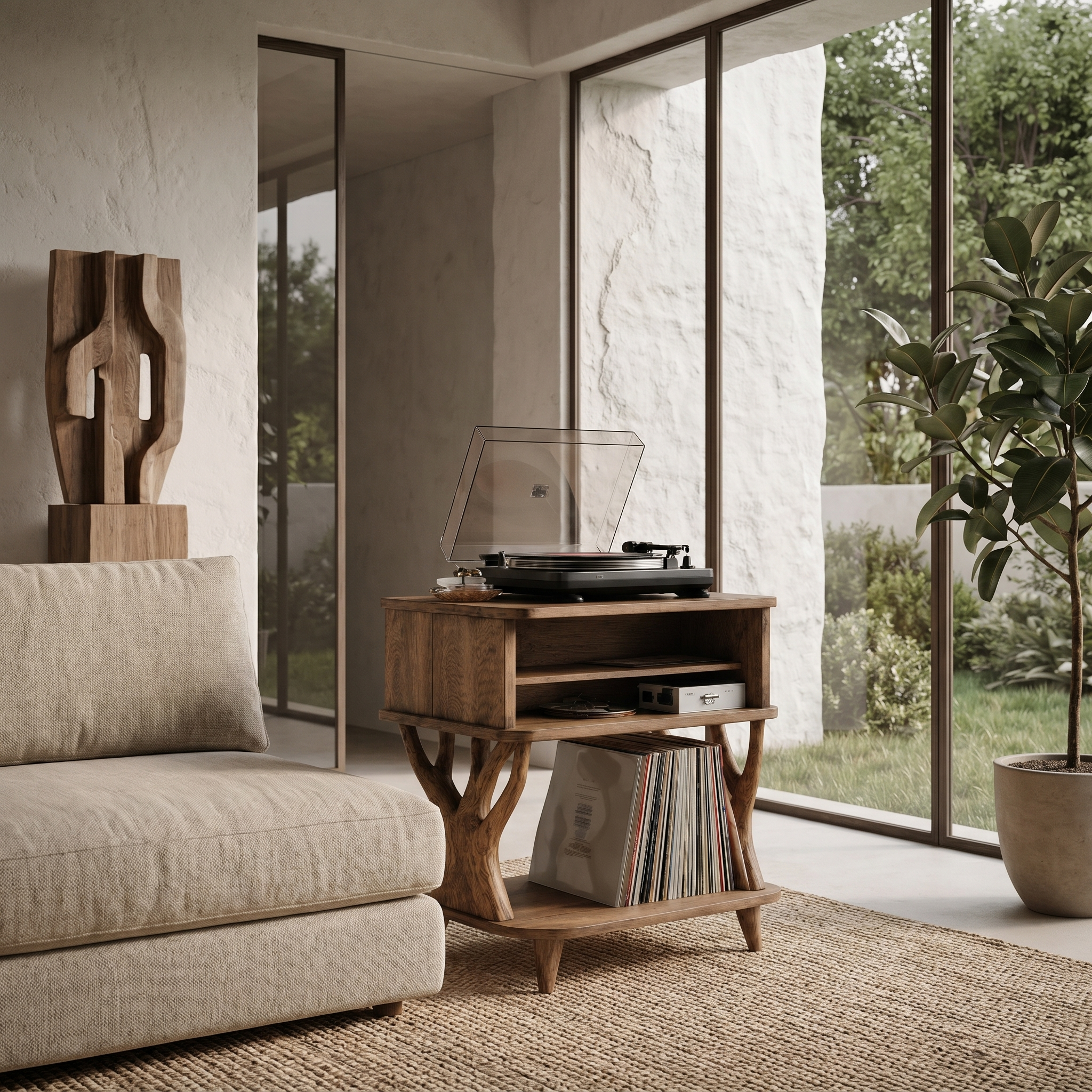 Organic Record Player Stand With Built In Drawer Storage And Vinyl Shelf For Living Room
