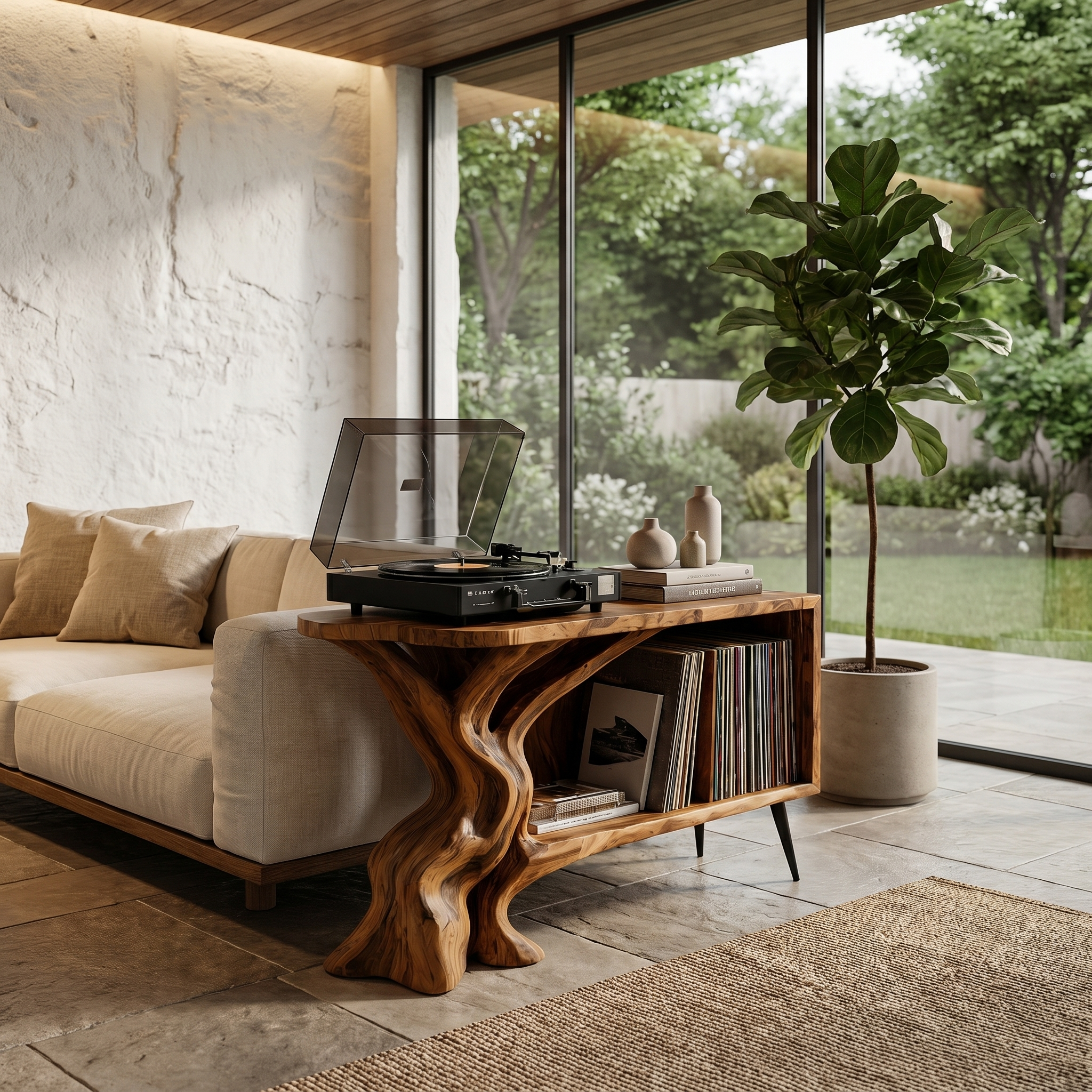 Organic Record Player Stand With Sculptural Tree Root Base And Vinyl Storage For Living Room