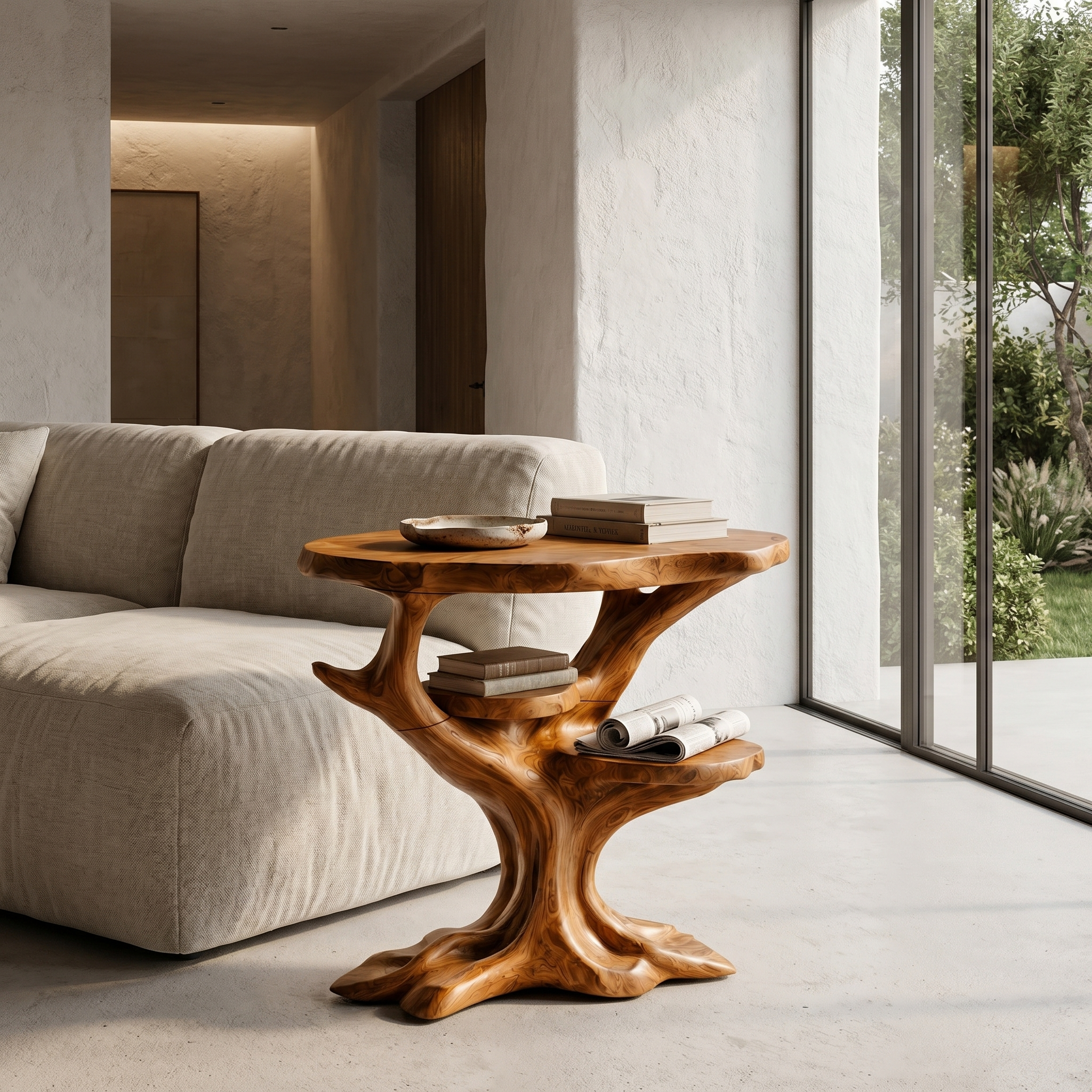Organic Sculptural Side Table With Solid Wood Display Shelves For Living Room And Bedroom
