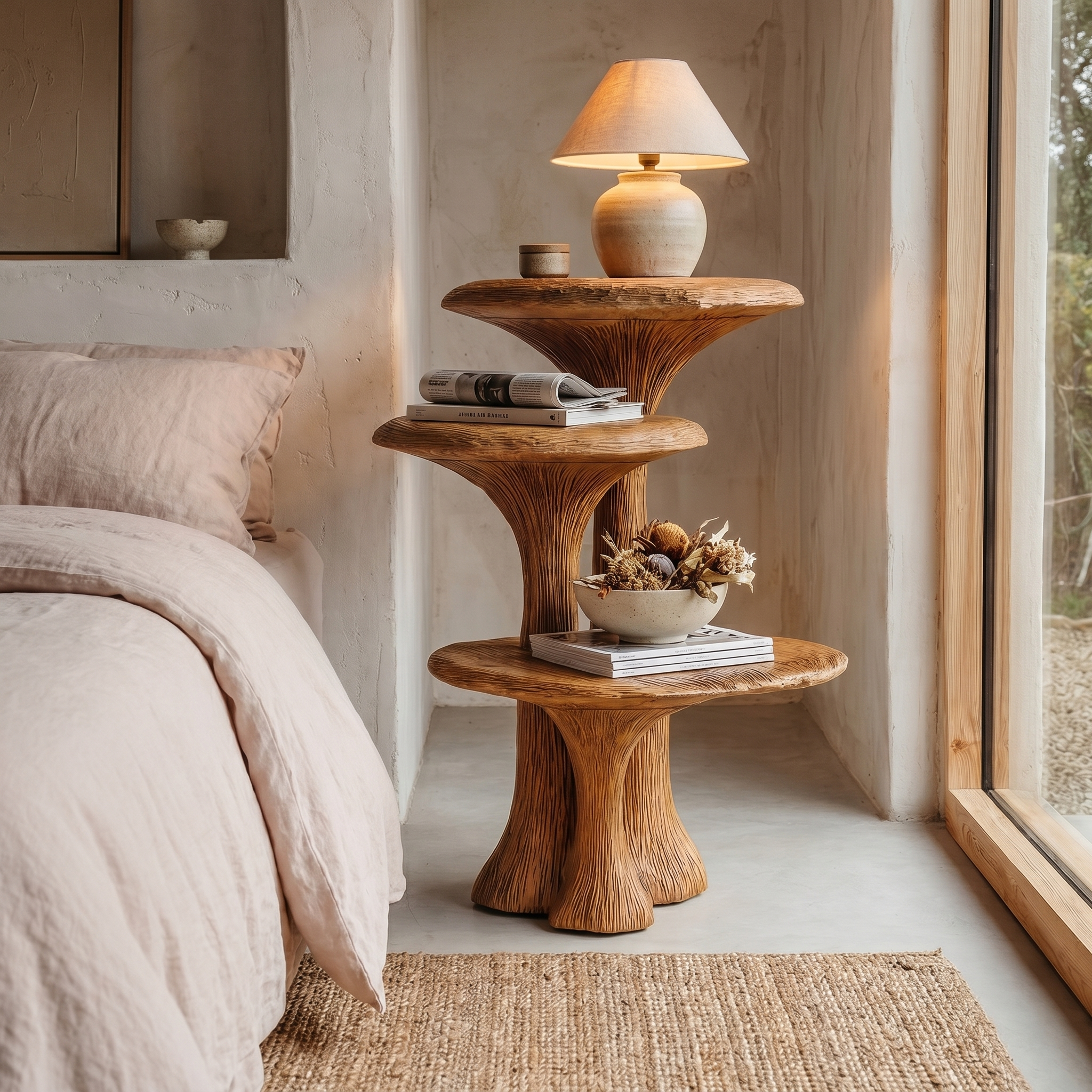 Organic Sculptural Nightstand With Multi Tier Solid Wood Shelves For Bedroom