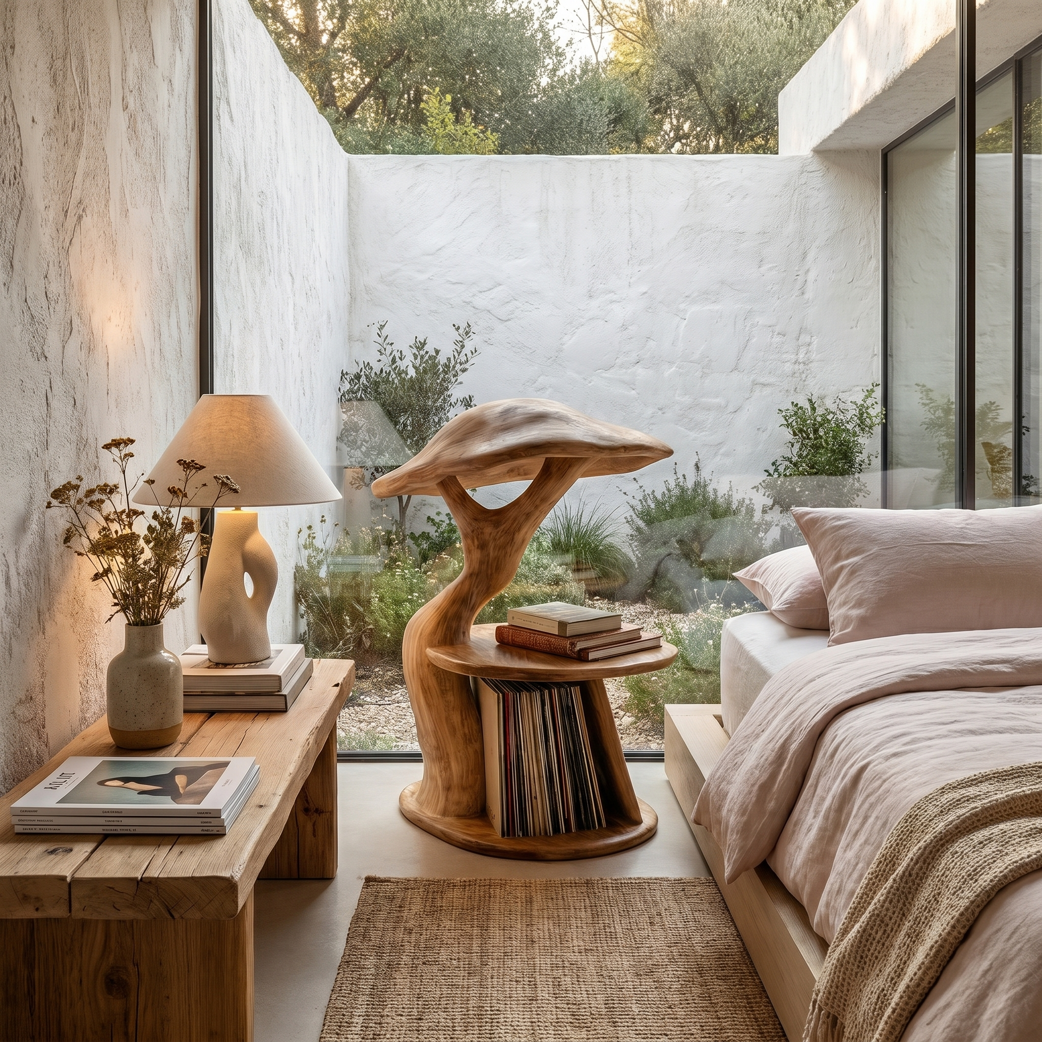 Organic Mushroom Nightstand With Sculptural Solid Wood Design And Vinyl Storage For Bedroom