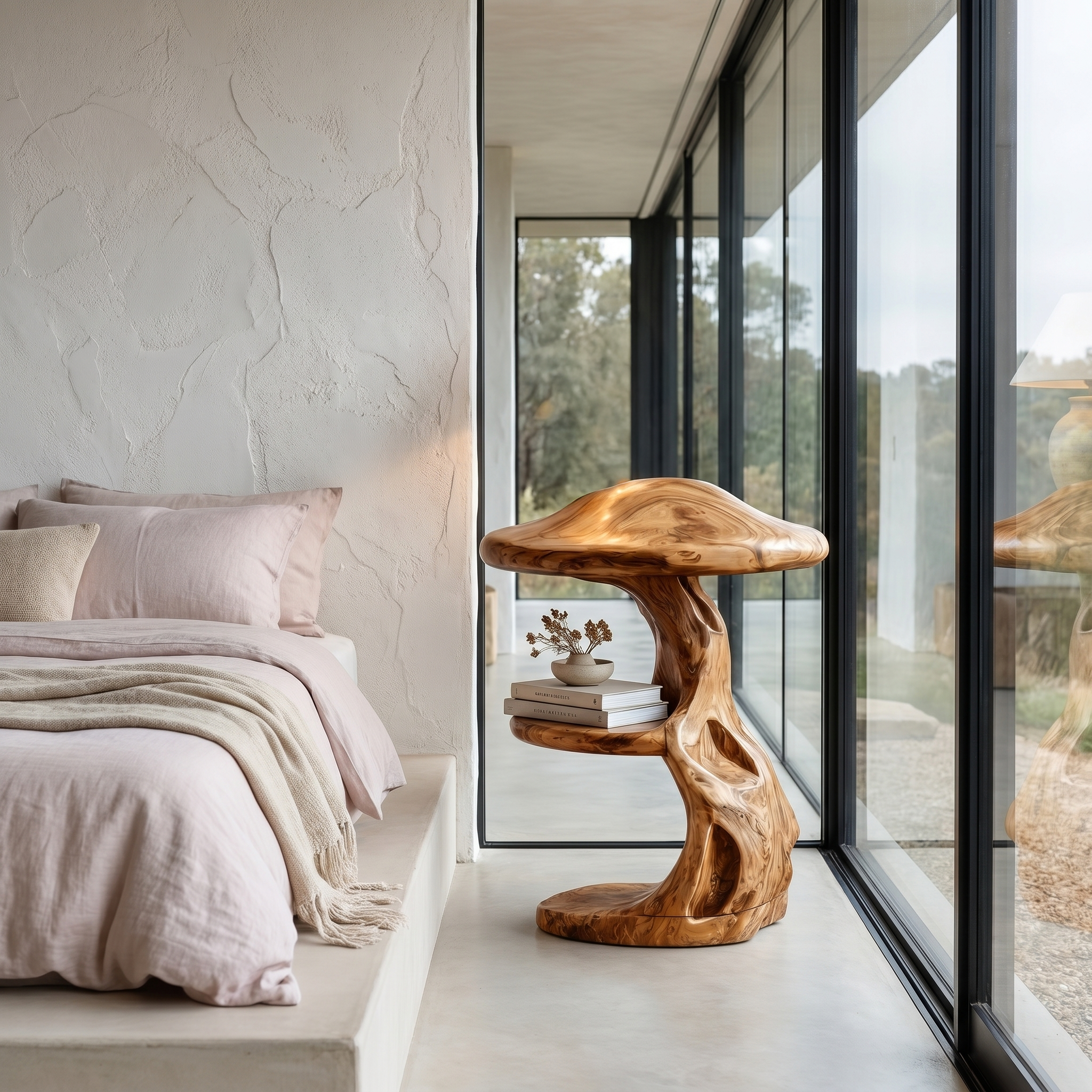 Rustic Mushroom Nightstand With Sculptural Tree Root Base And Built In Drawer For Bedroom