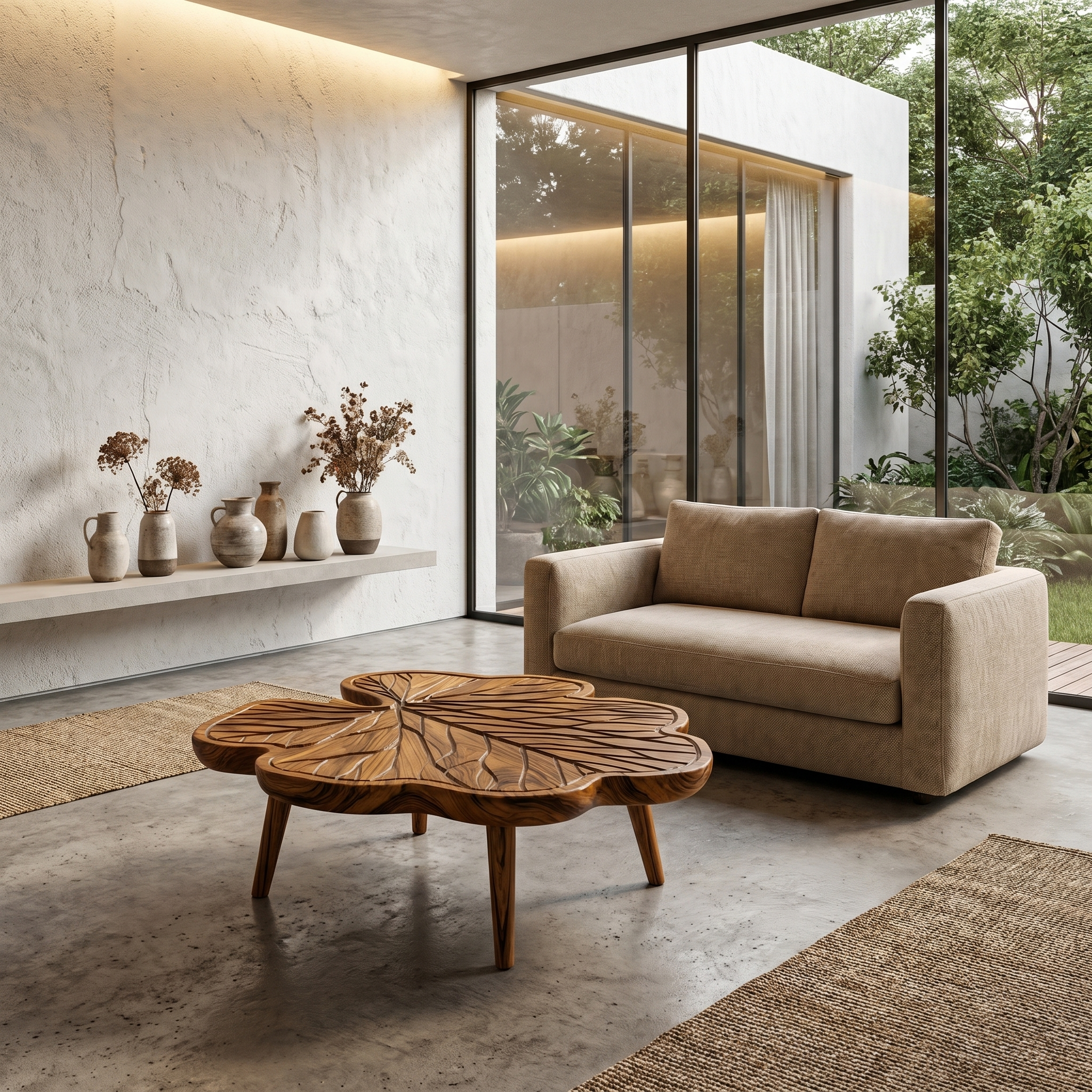 Rustic Leaf Coffee Table With Hand Carved Solid Wood Design For Living Room
