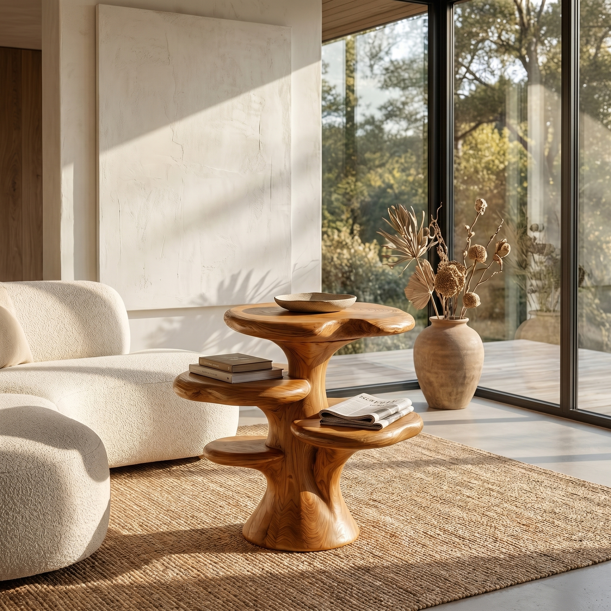 Organic Sculptural Beside Table With Tiered Solid Wood Shelves For Living Room