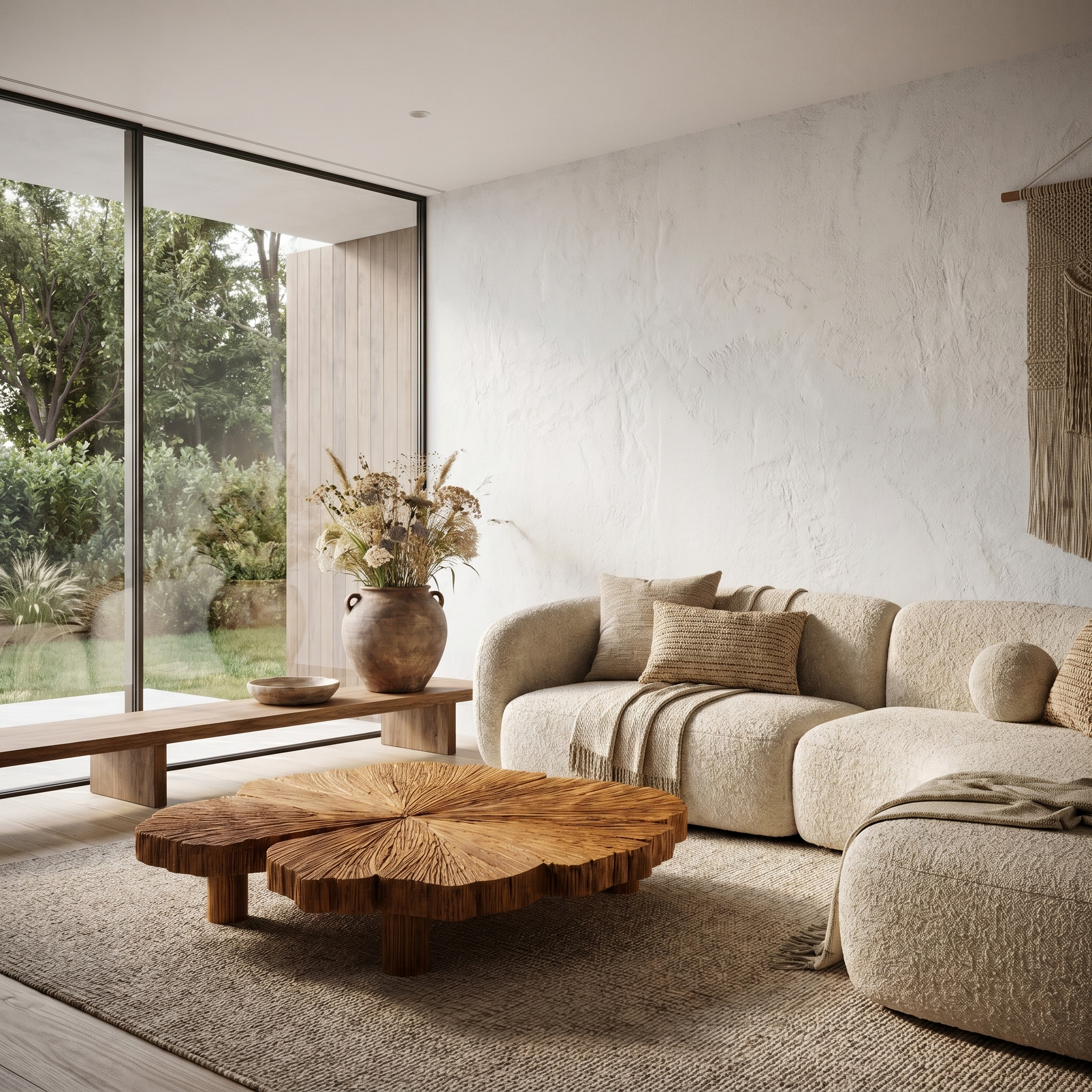 Rustic Coffee Table With Hand Carved Organic Wood Top And Chunky Pedestal Legs For Living Room
