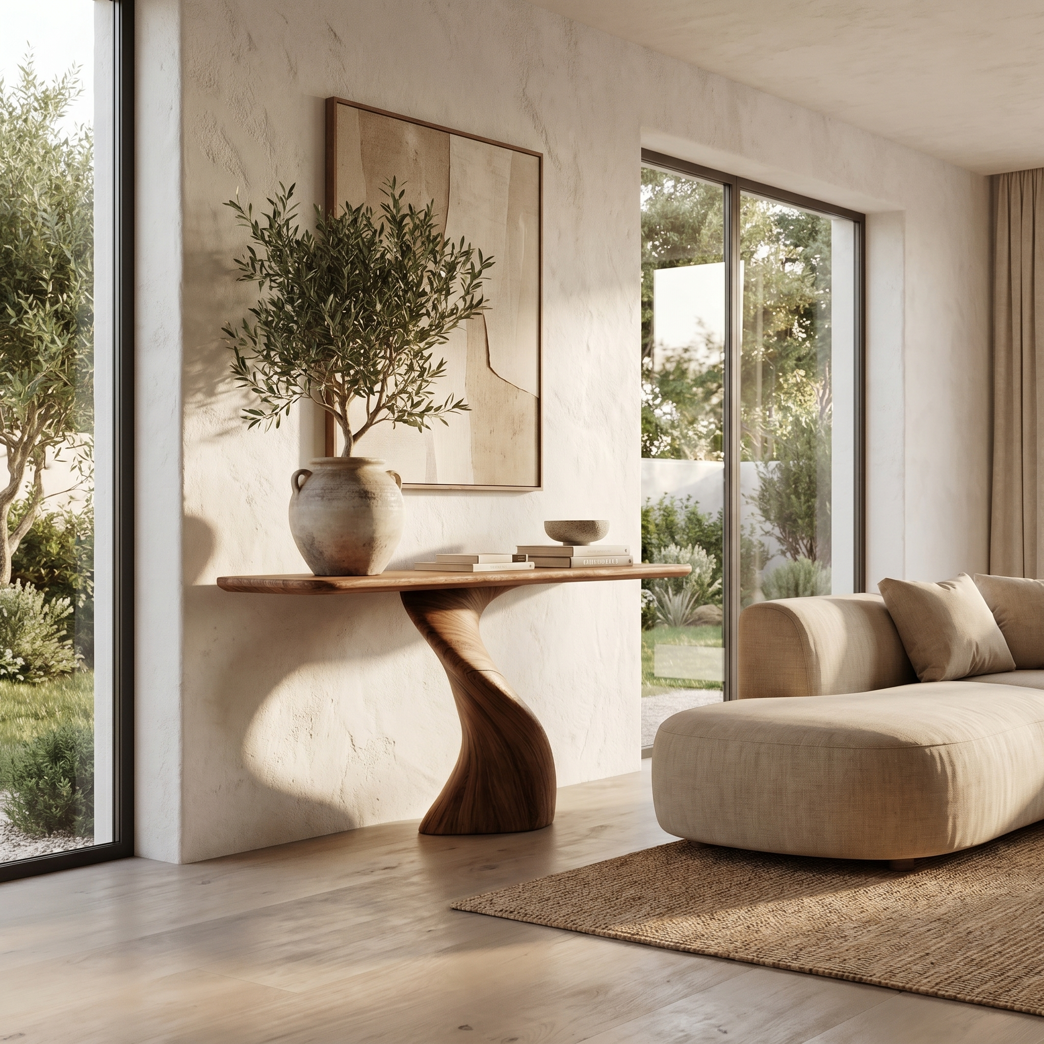 Modern Organic Console Table With Sculptural Twisted Solid Wood Base For Entryway And Living Room