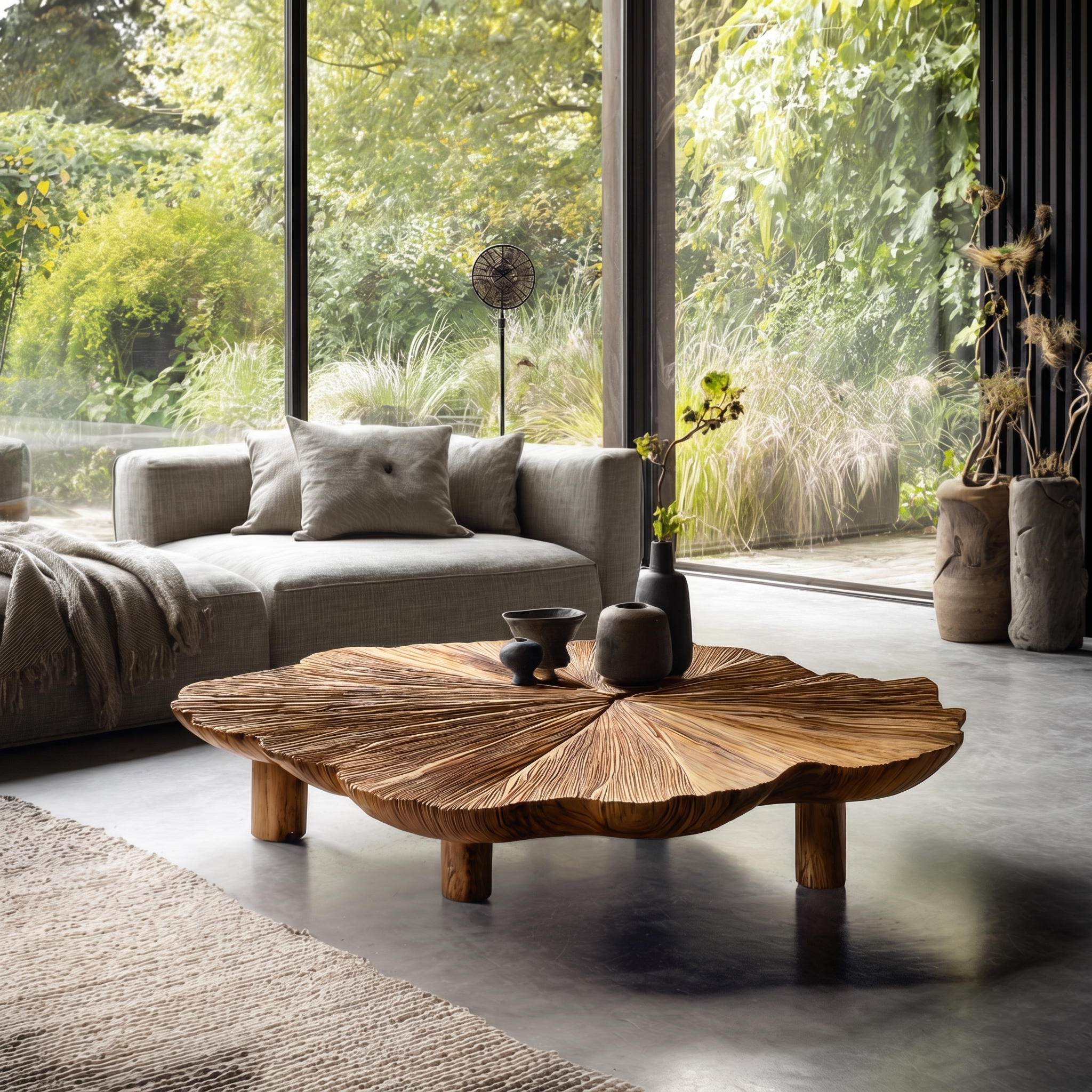 Organic Coffee Table With Hand Carved Solid Wood Design For Living Room